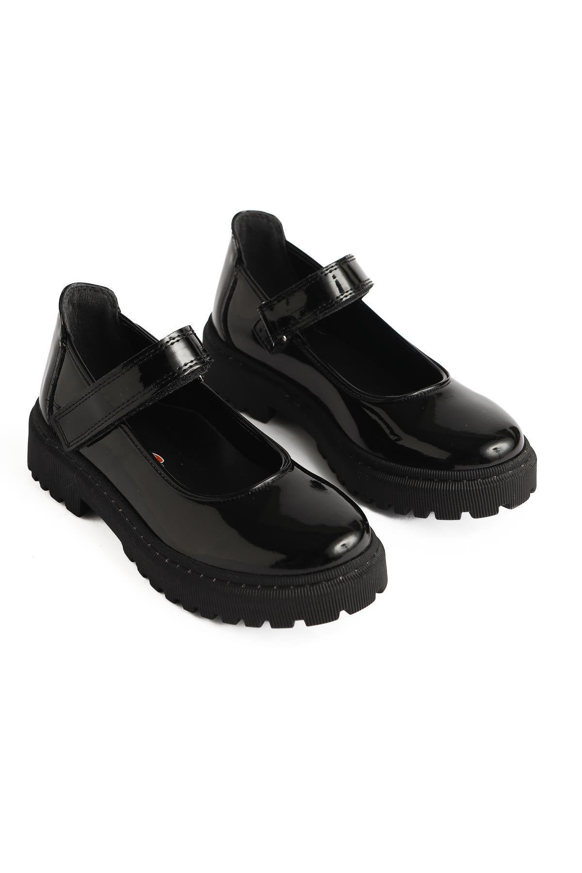 Fiona – Black Patent Hook-and-Loop Detail Casual Kids Shoe (Kids)