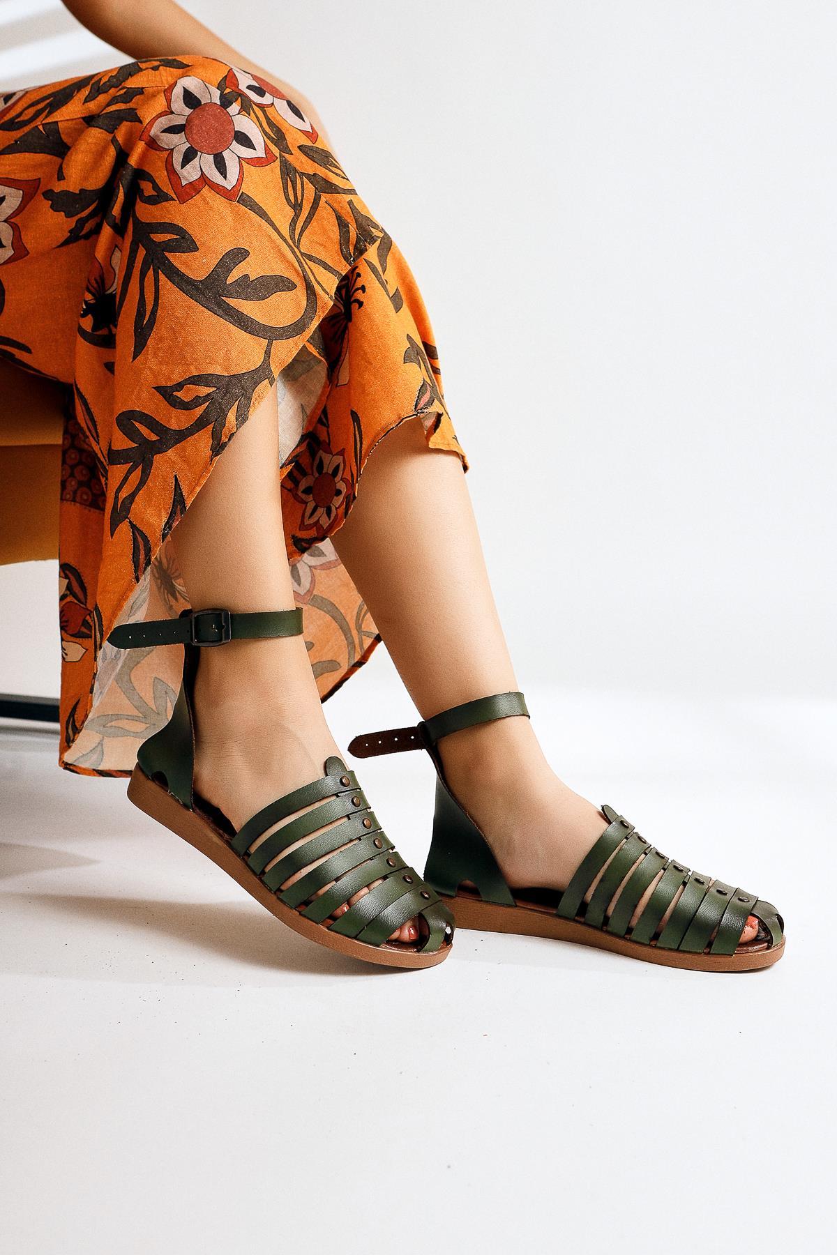Helen Genuine Leather Khaki Toe-Covering Bodrum Sandals