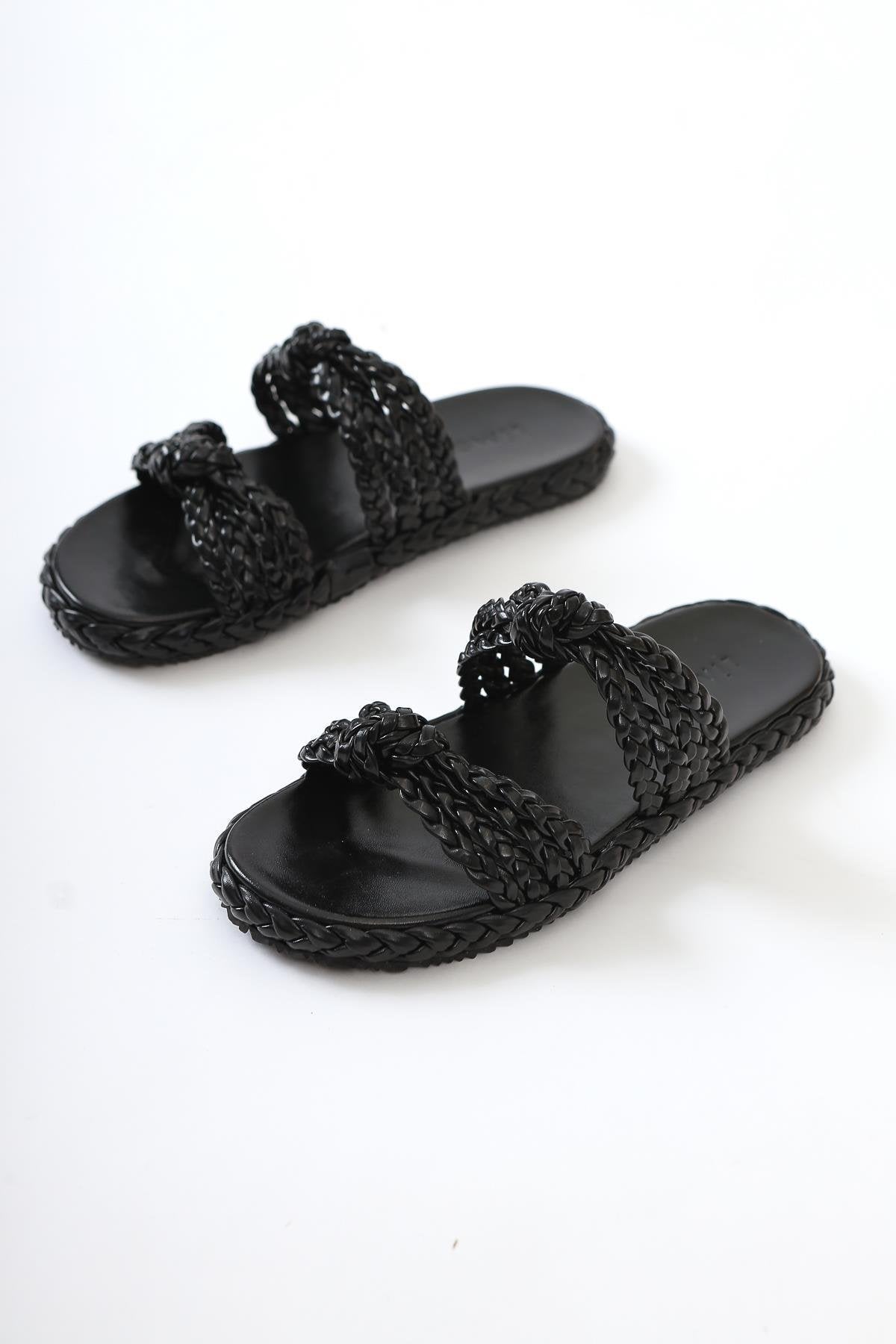 Nessa Black Patent Leather Woven Strap Slippers