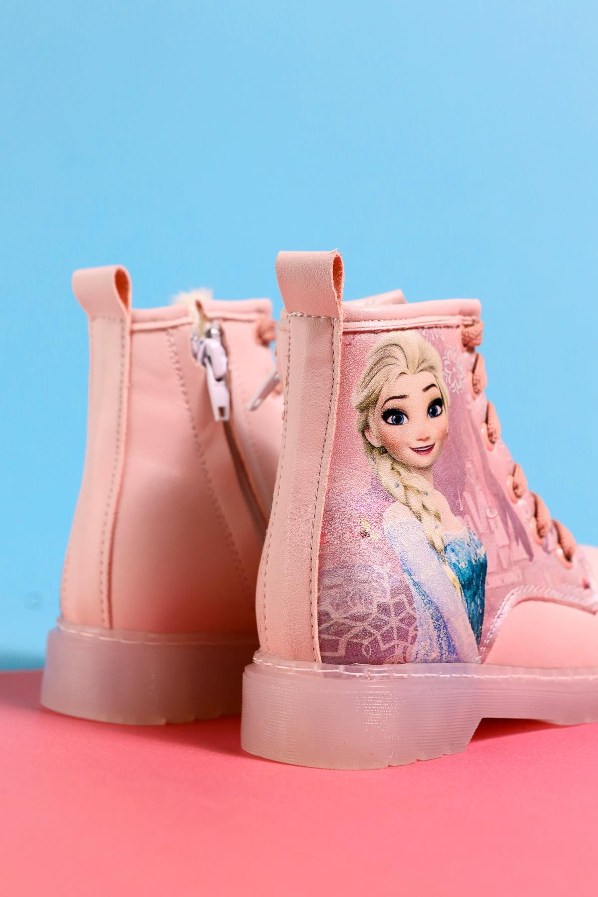 Lyan Powder Pink Striped Character Print Lace-Up Kids Boots