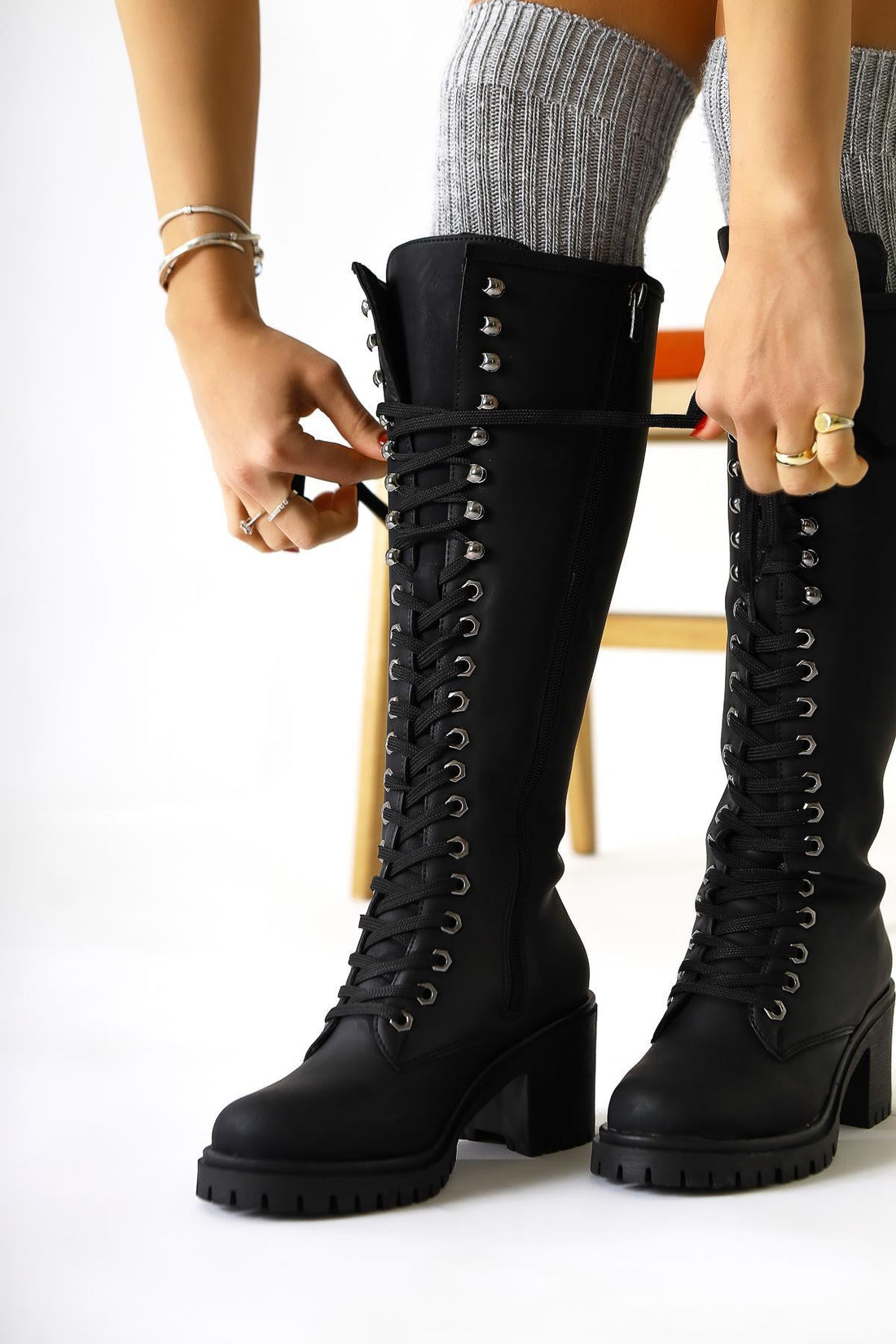 Bella Black Laced and Zippered Oval Toe Heeled Women's Boot