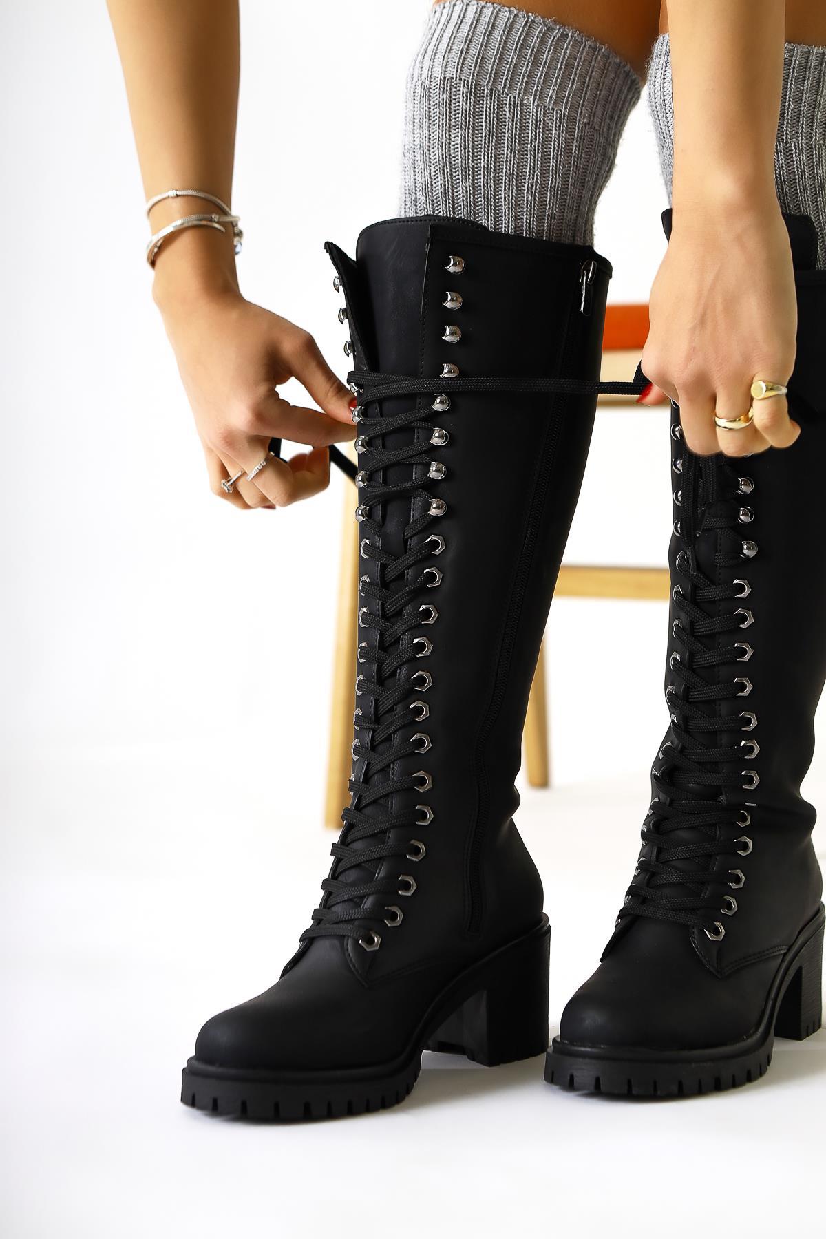Bella Black Laced and Zippered Oval Toe Heeled Women's Boot