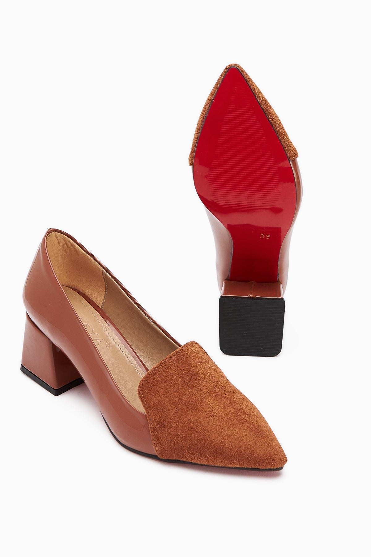 Gisela Taba Suede Detailed Patent Leather Heeled Women's Shoes