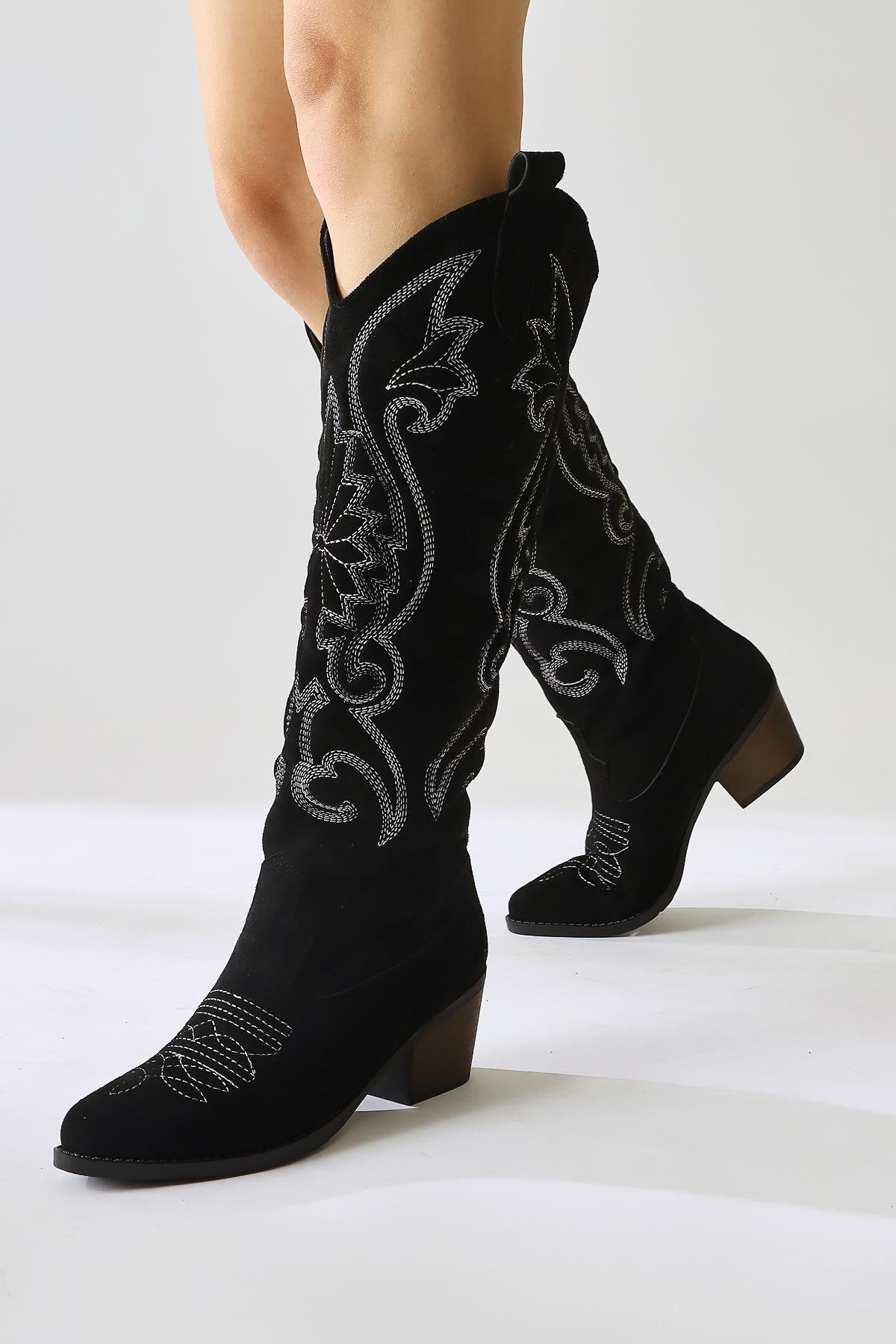 Dani Black Suede Embroidered Pointed Toe Western Boot