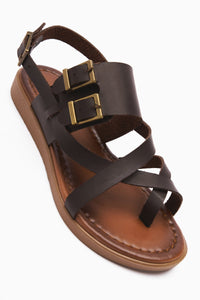 Doraseos Genuine Leather Buckle Detail Coffee Gladiator Sandals