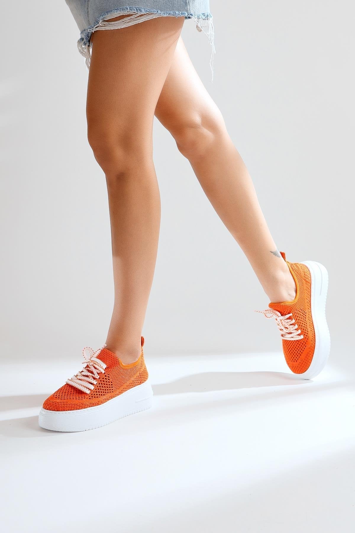 Benito Orange Knit Stretch Thick-Soled Sneakers