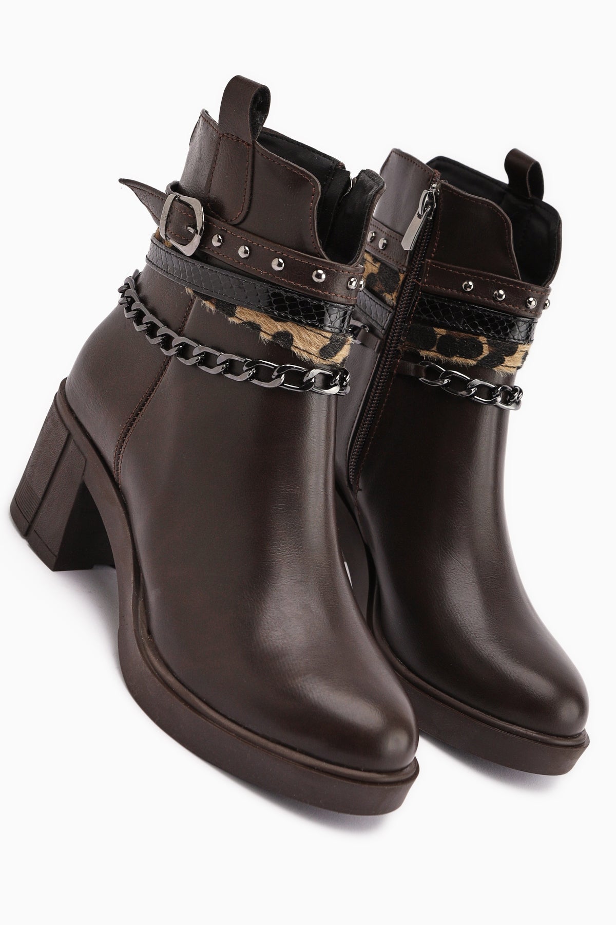 Anissa – Brown Chain-and-Belt-Detail Block Heel Boot (Women)