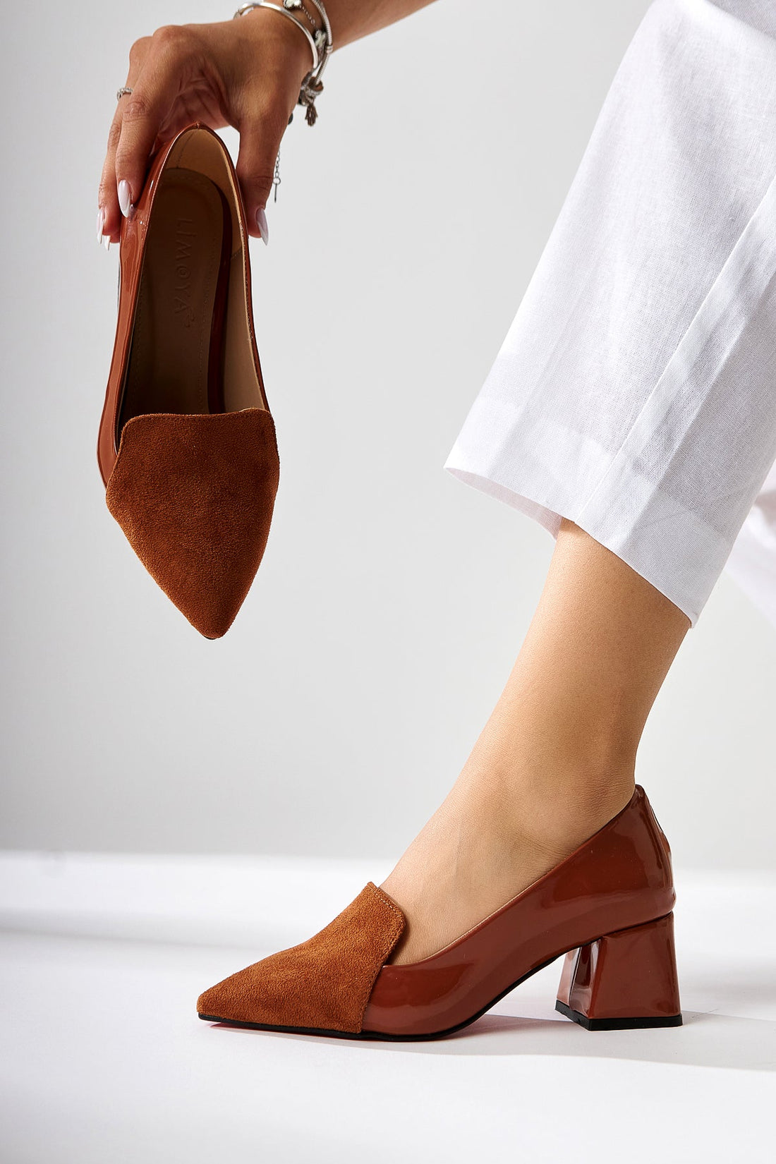 Gisela Taba Suede Detailed Patent Leather Heeled Women's Shoes