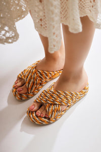 Leiya Mustard Cross-Strap Rope Slippers
