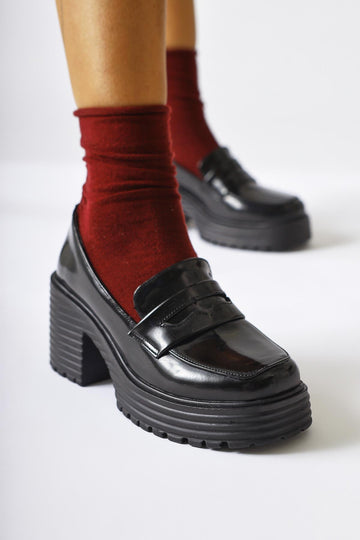 Alinne Black Patent Leather Thick Soled Platform Moccasin Shoes