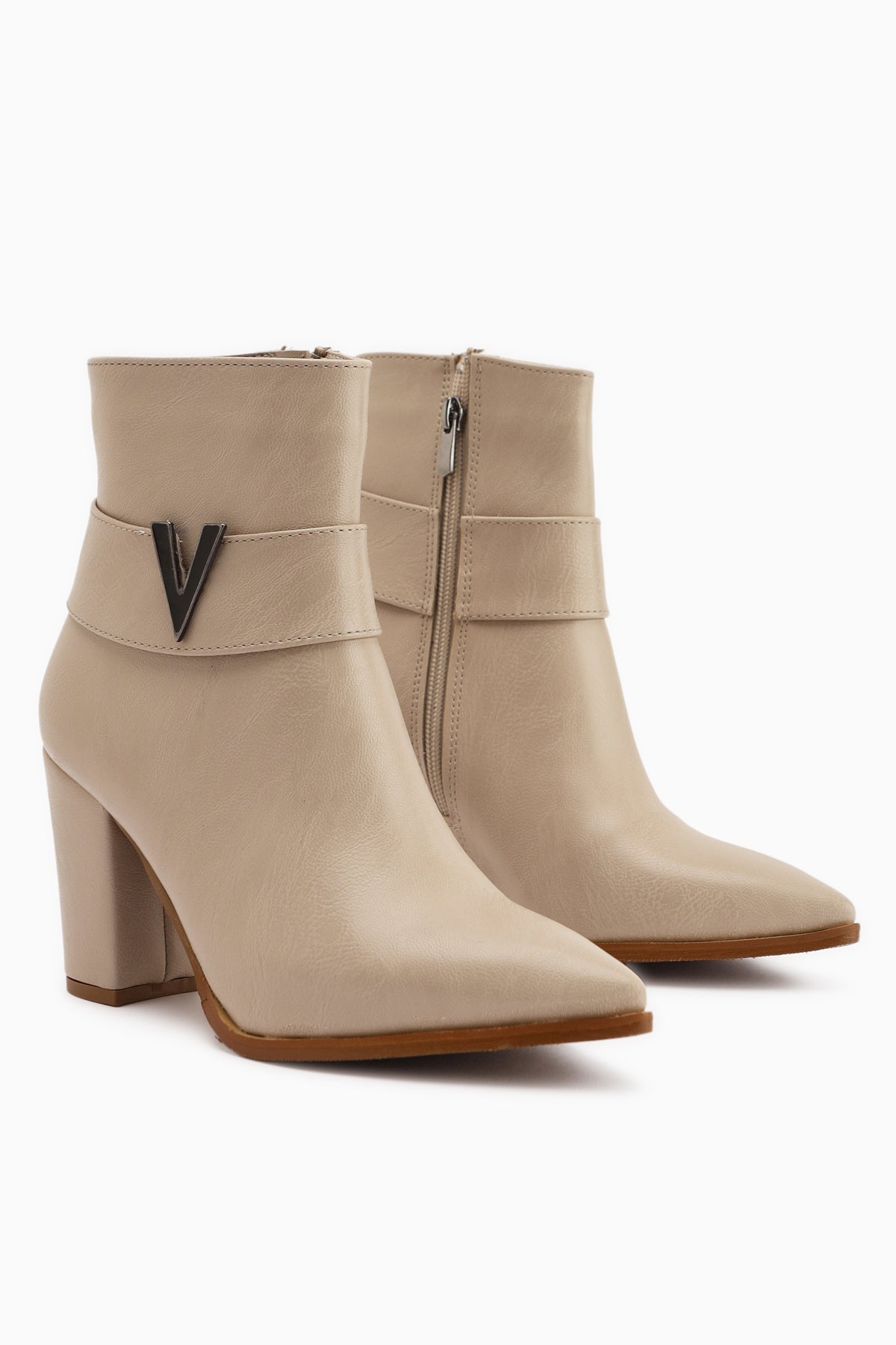 Elvia Beige Buckled Thick Heeled Women’s Boots