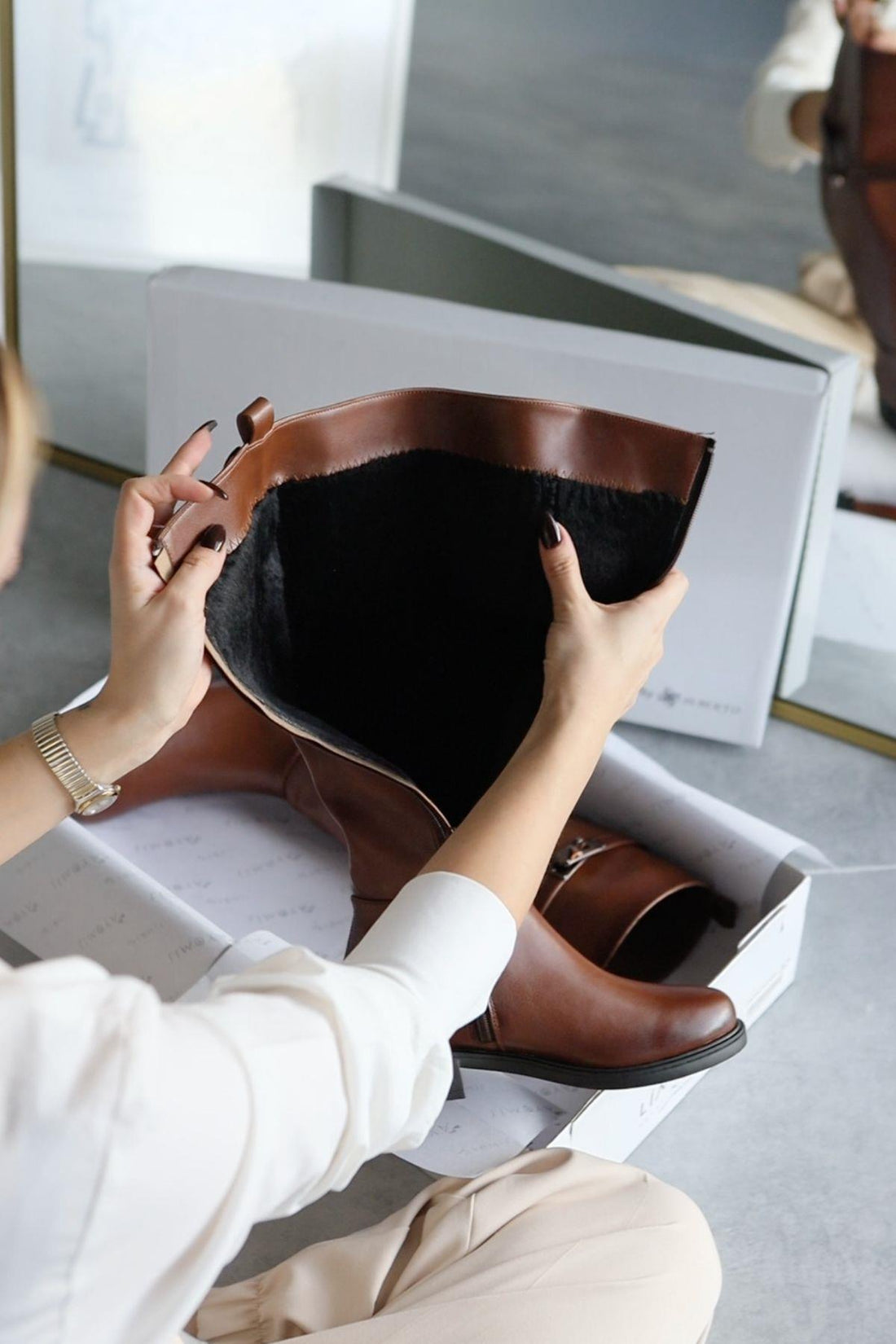 Kanako – Cognac Accessory-Detail Zippered Low-Heel Knee-High Boot (Women)