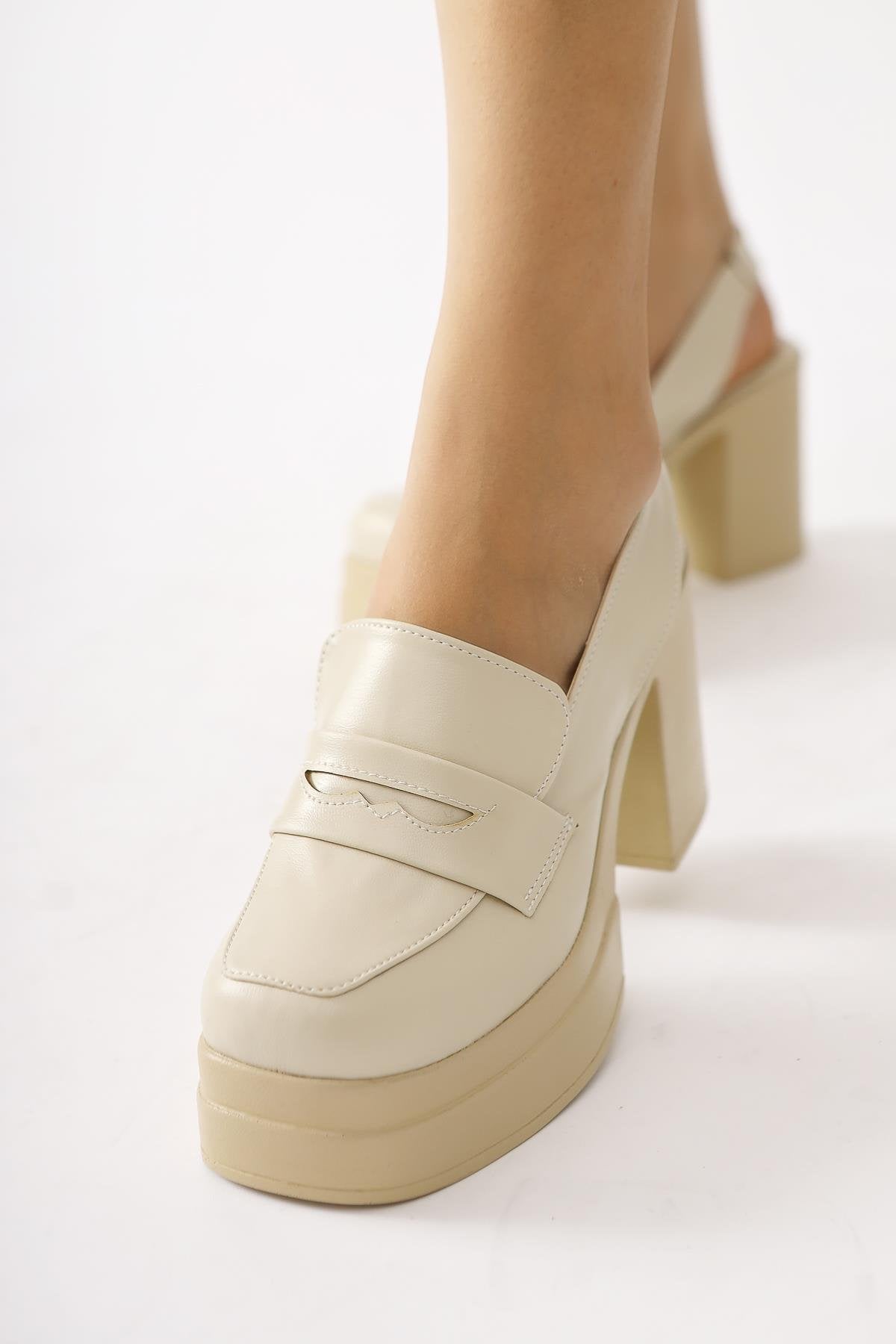 Neval Genuine Leather – Beige Platform Heel Heel-Cutout Casual Shoe (Women)