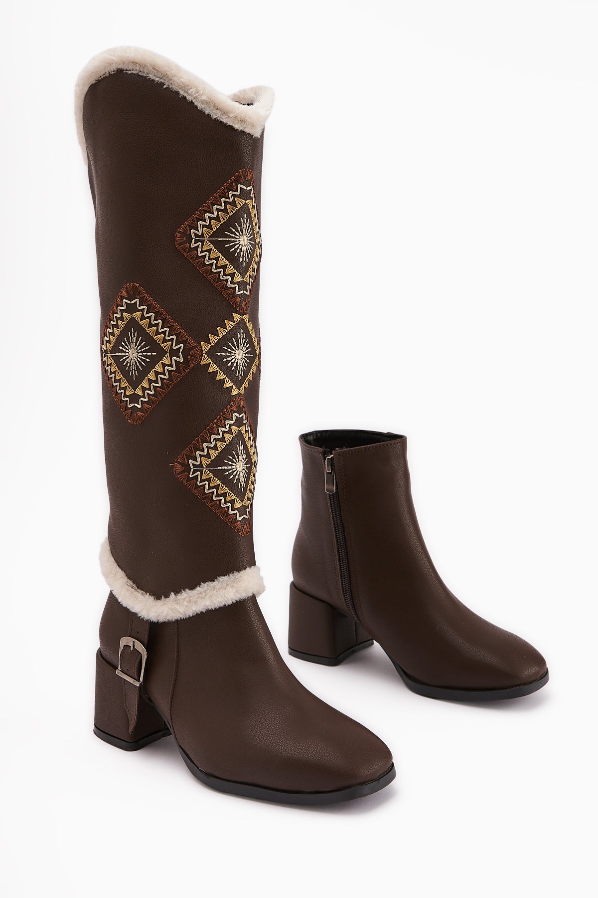 Hilka Brown Removable Cuff Ethnic Patterned Boots