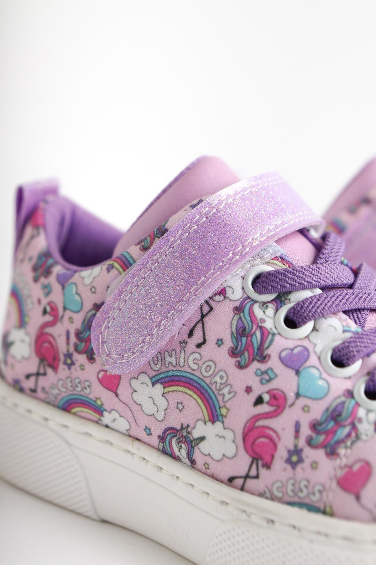 Lana Purple Striped Character Print Lace-Up Velcro Detail Kids' Athletic Shoe