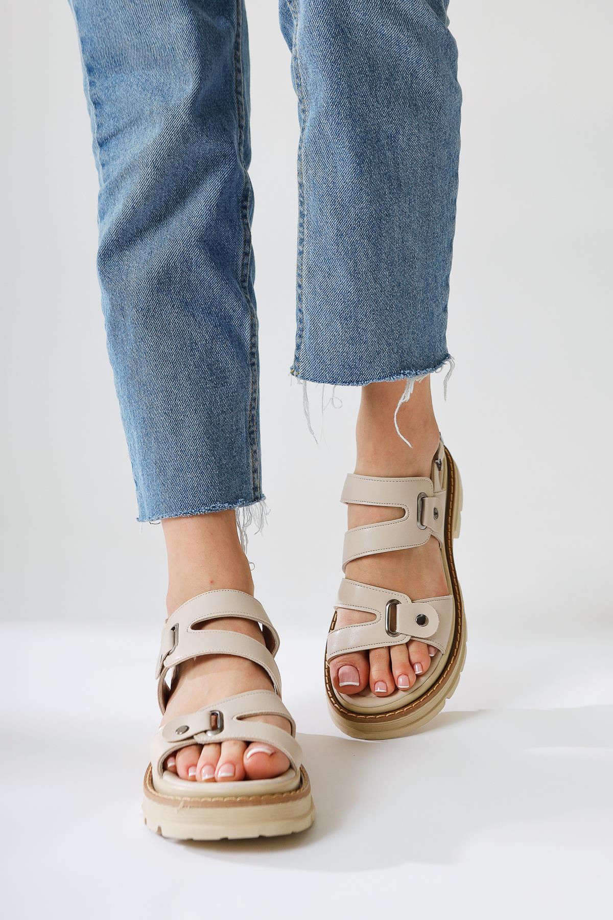 Aima Beige Studded Buckle Detail Stitched Sandal