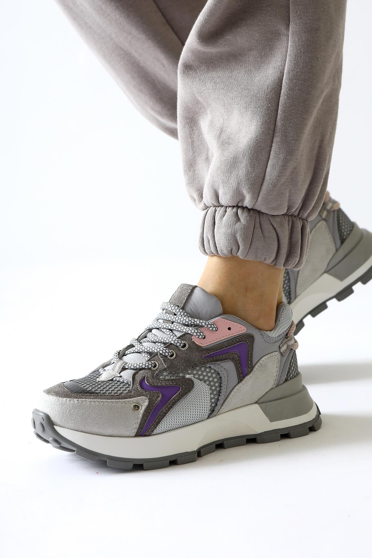 Onella Grey Suede Detailed Lace-up Sneakers