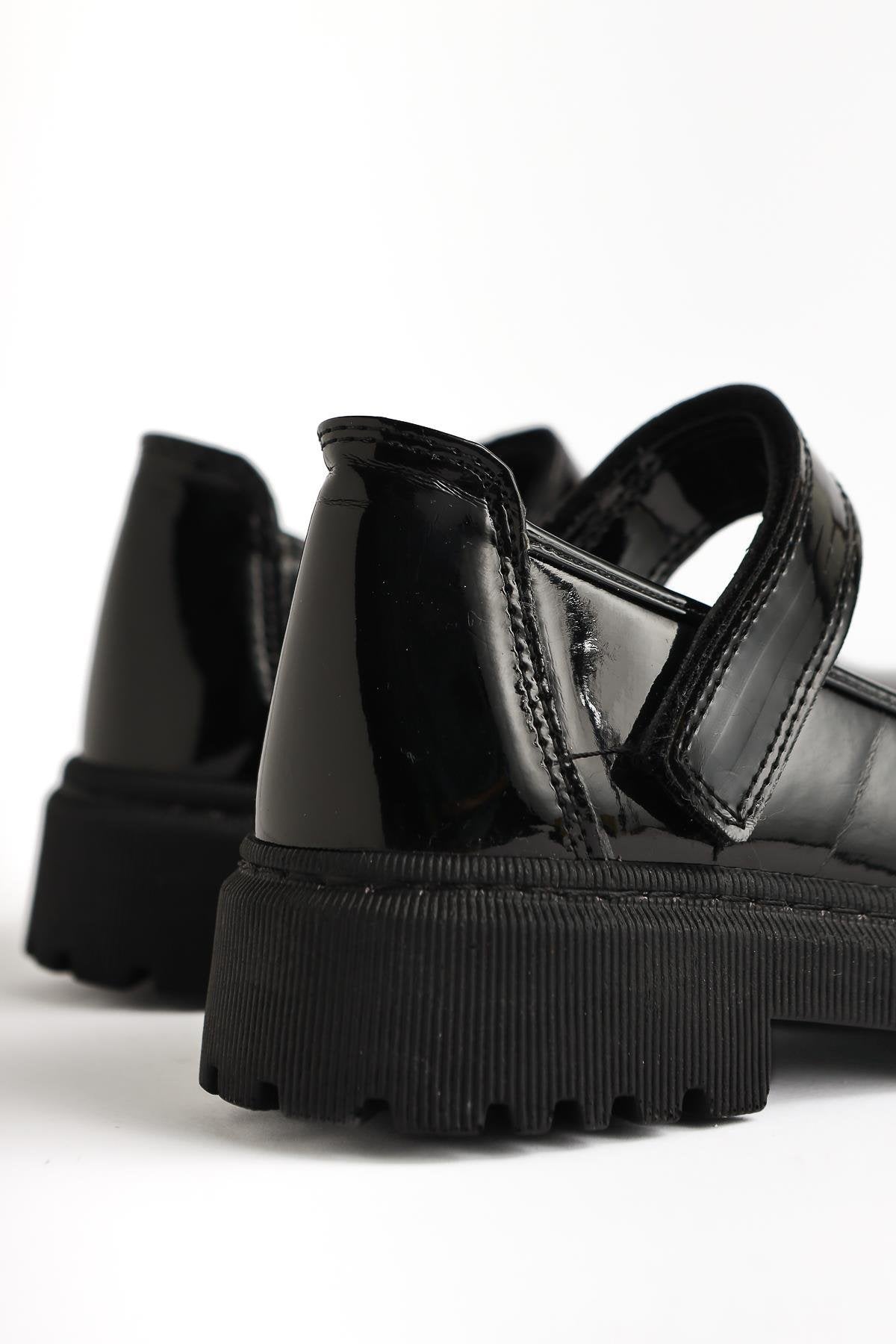 Fiona – Black Patent Hook-and-Loop Detail Casual Kids Shoe (Kids)