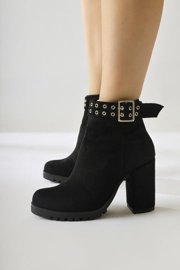 Jonny – Black Suede Buckle-Detail Oval-Toe Zip-Up Boot (Women)