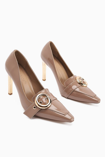 Elisar – Taupe Patent Buckle-Detail Heeled Shoe (Women)
