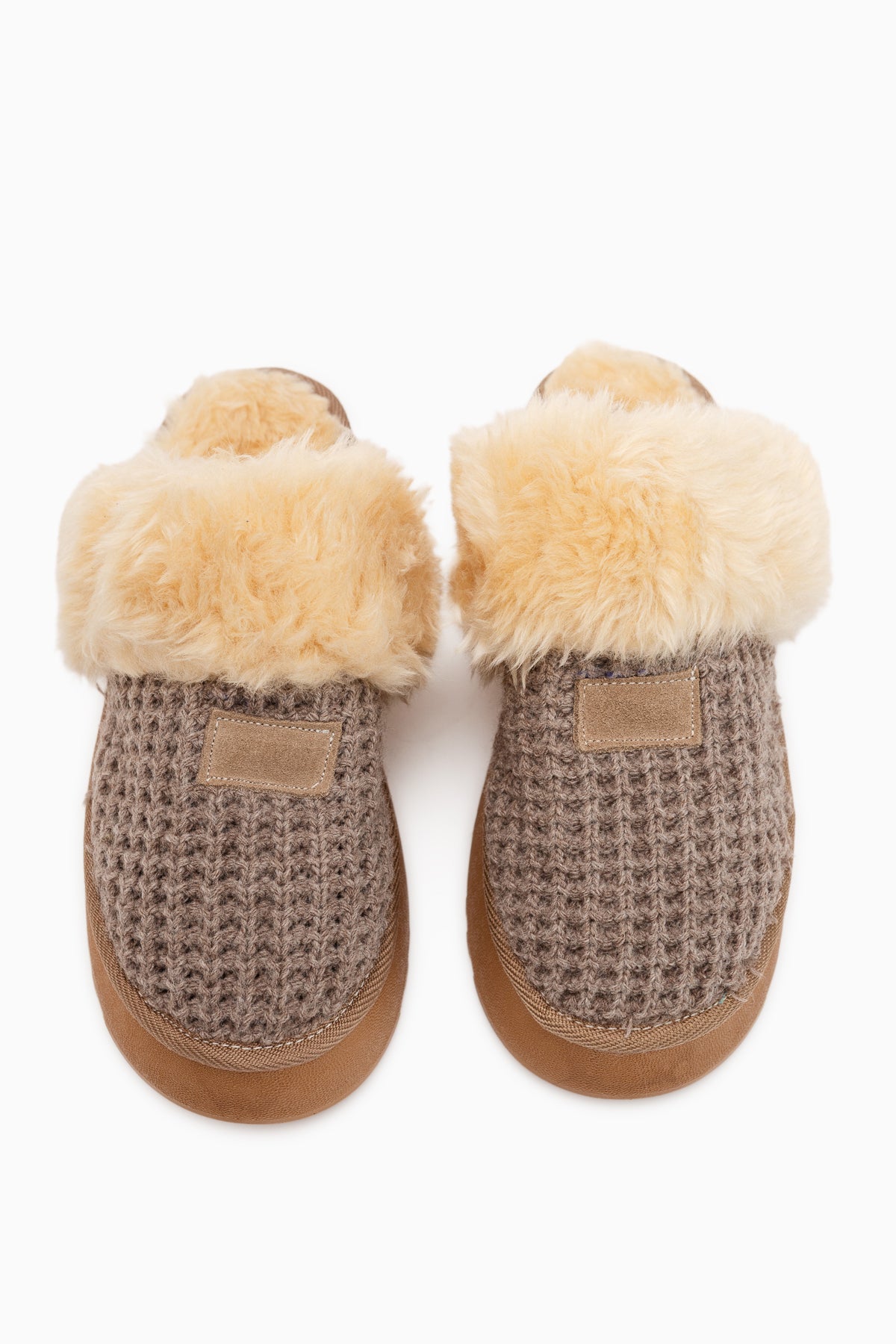 Mariza Beige Plush Knit Fur Lined Women’s Slippers