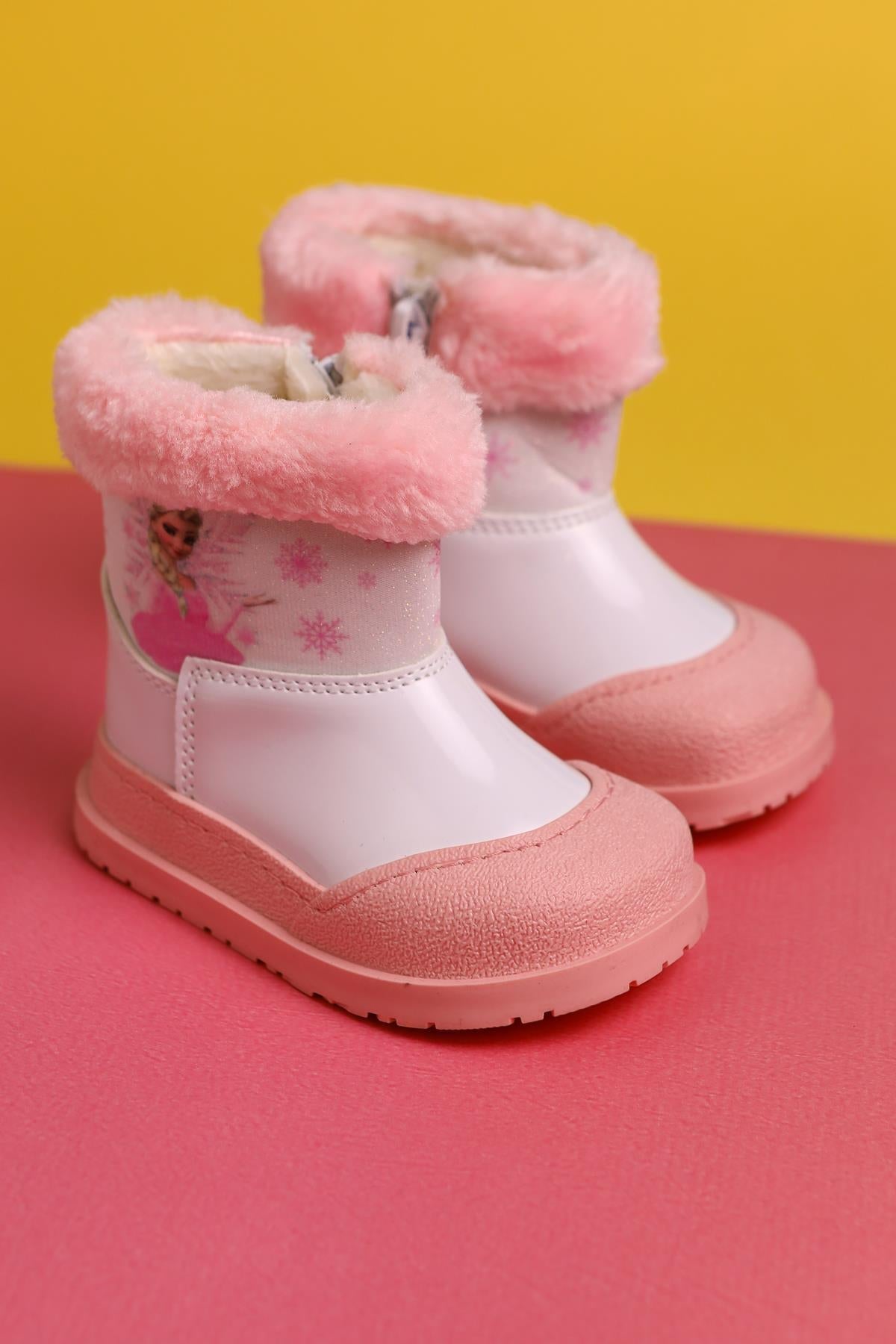 Elea Pink Striped Character Print Fur-Lined Baby Boots