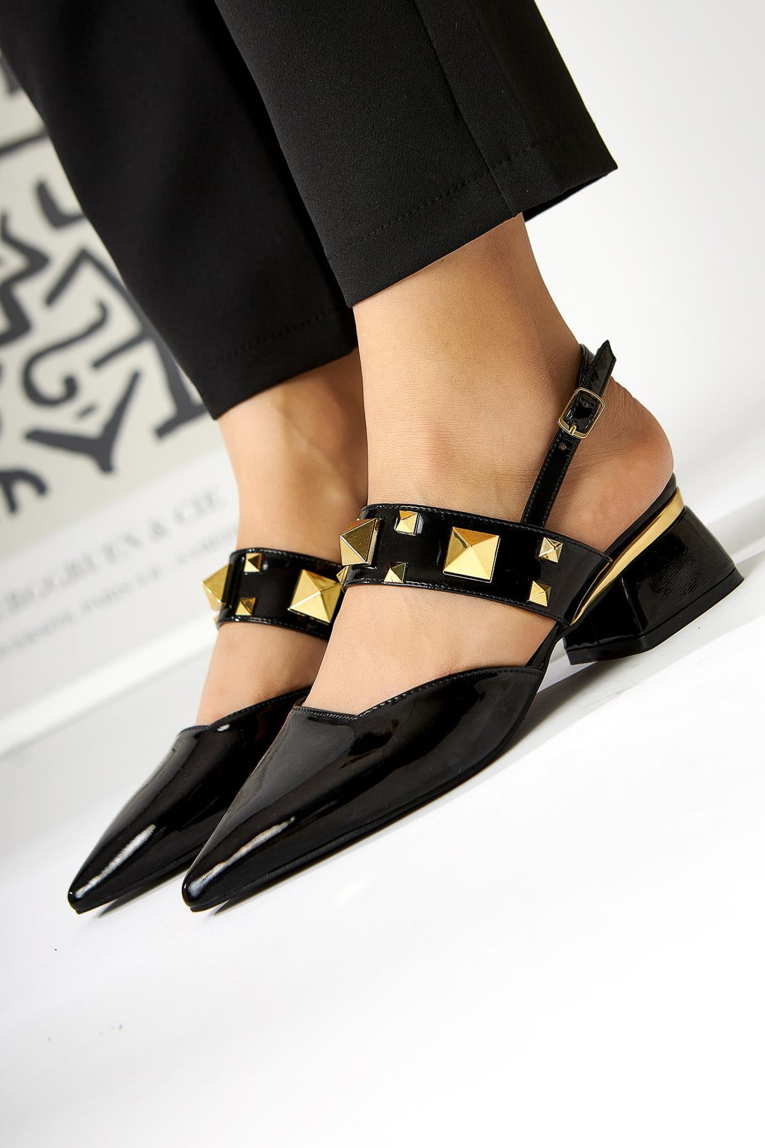 Nicoline Black Patent Pointed Toe Pyramid Studded Thick Strap Short Heeled Women’s Shoes
