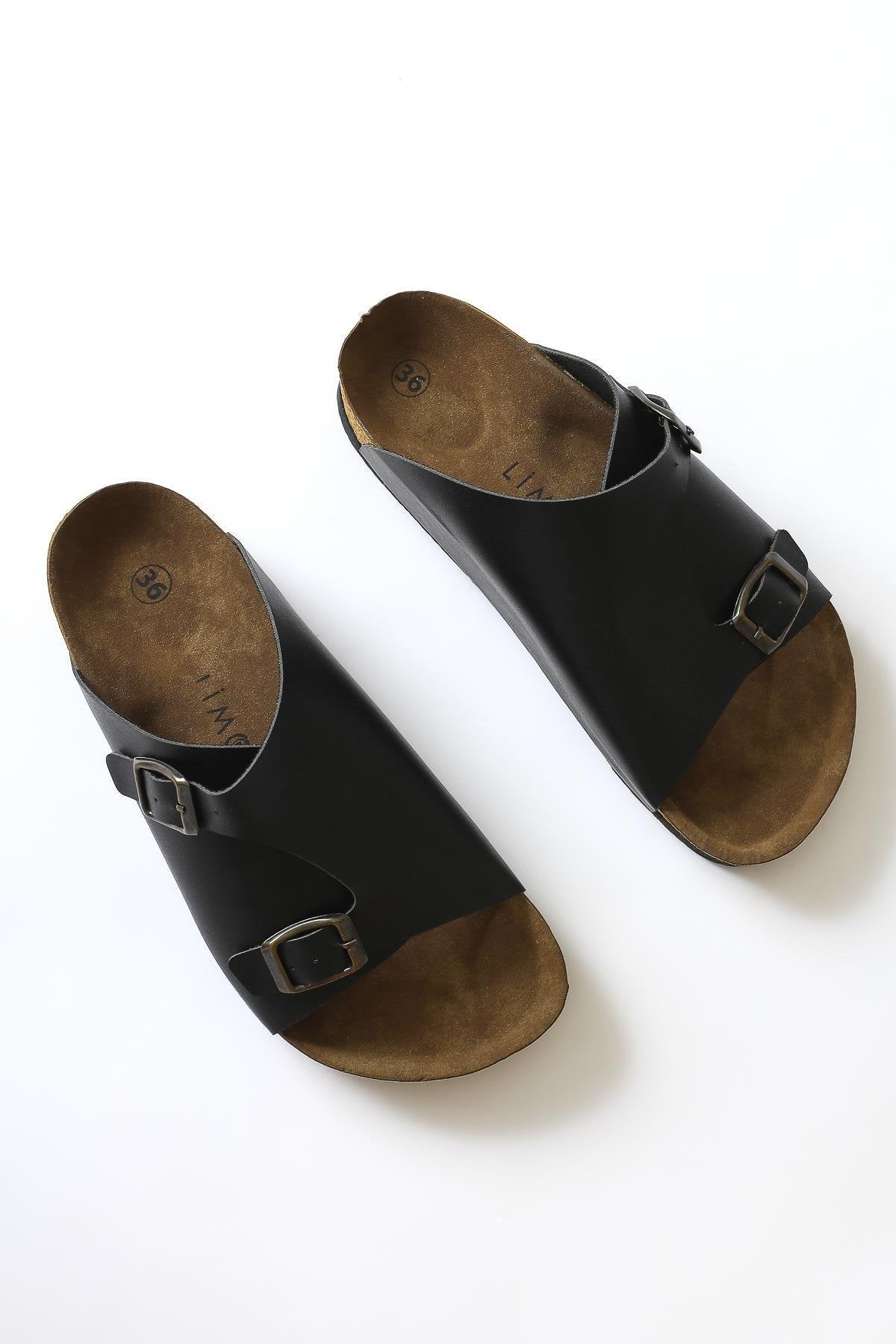 Christella Black Slippers with Double Buckle Detail