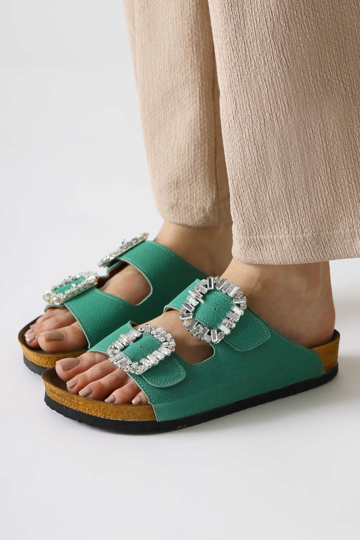 Brisa Green Suede Slippers with Stone Buckle and Double Strap Details