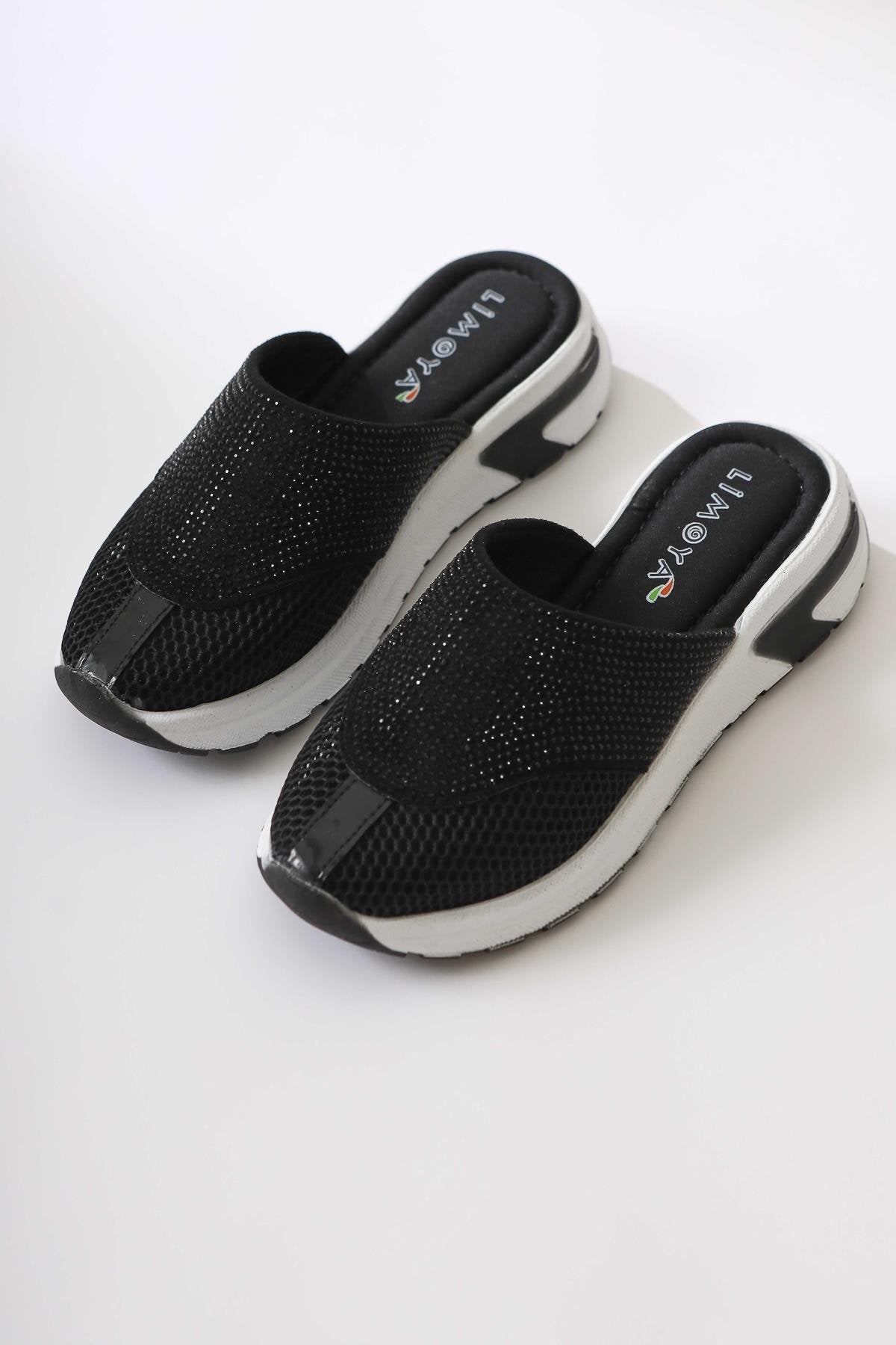 Suma Black Mesh Detailed Embellished Slides