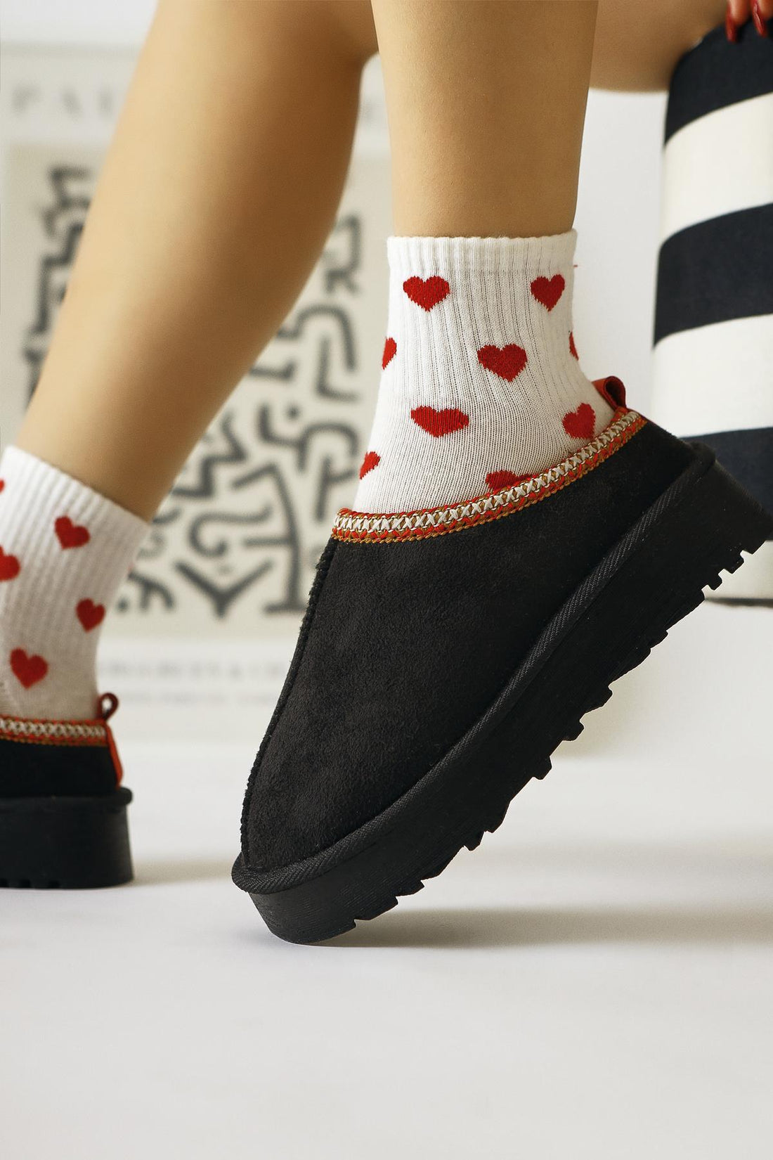 Anne-liis Black Suede Winter Slippers with Woven Details