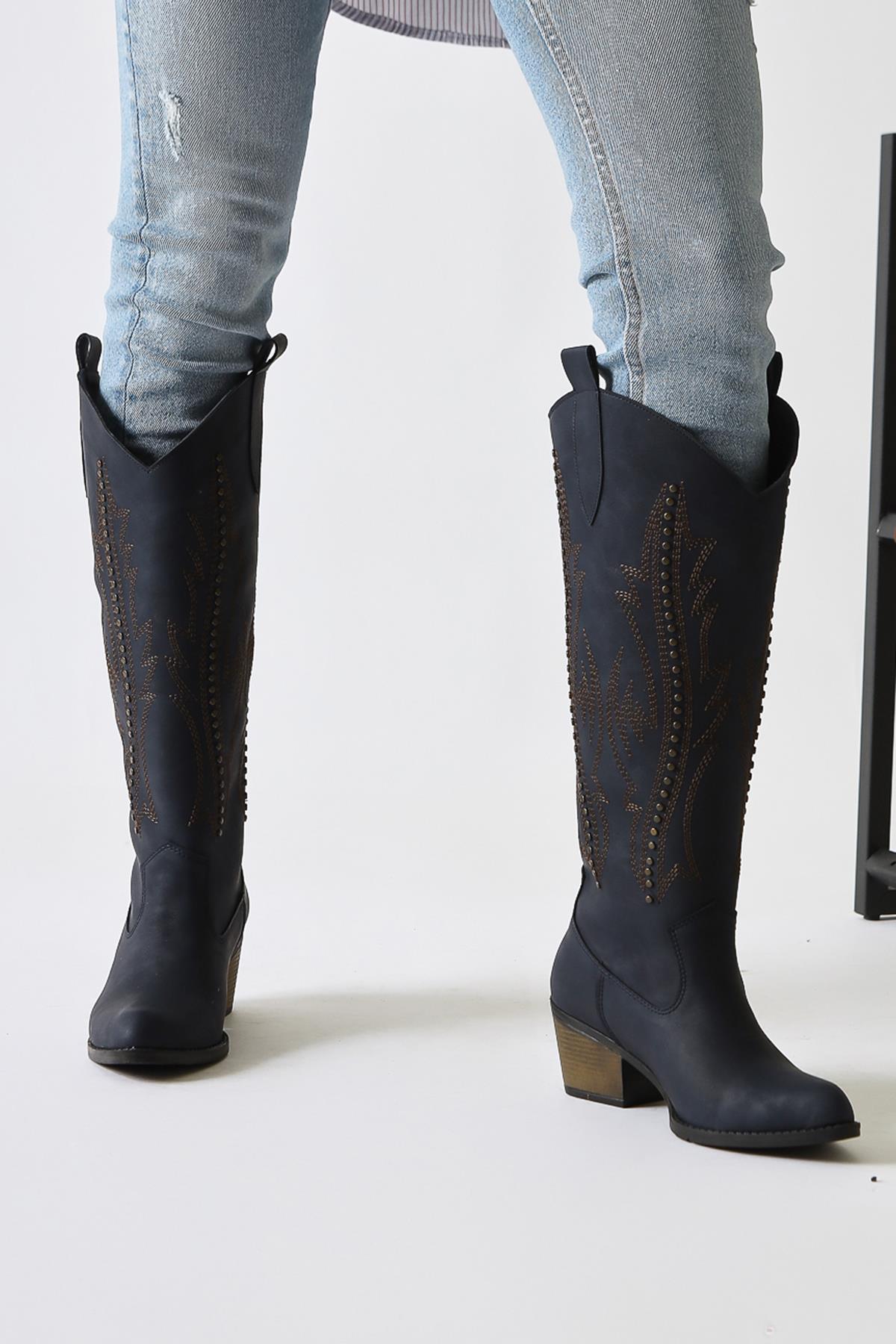 Fizaro Navy Pointed Toe Embroidered Studded Western Boots