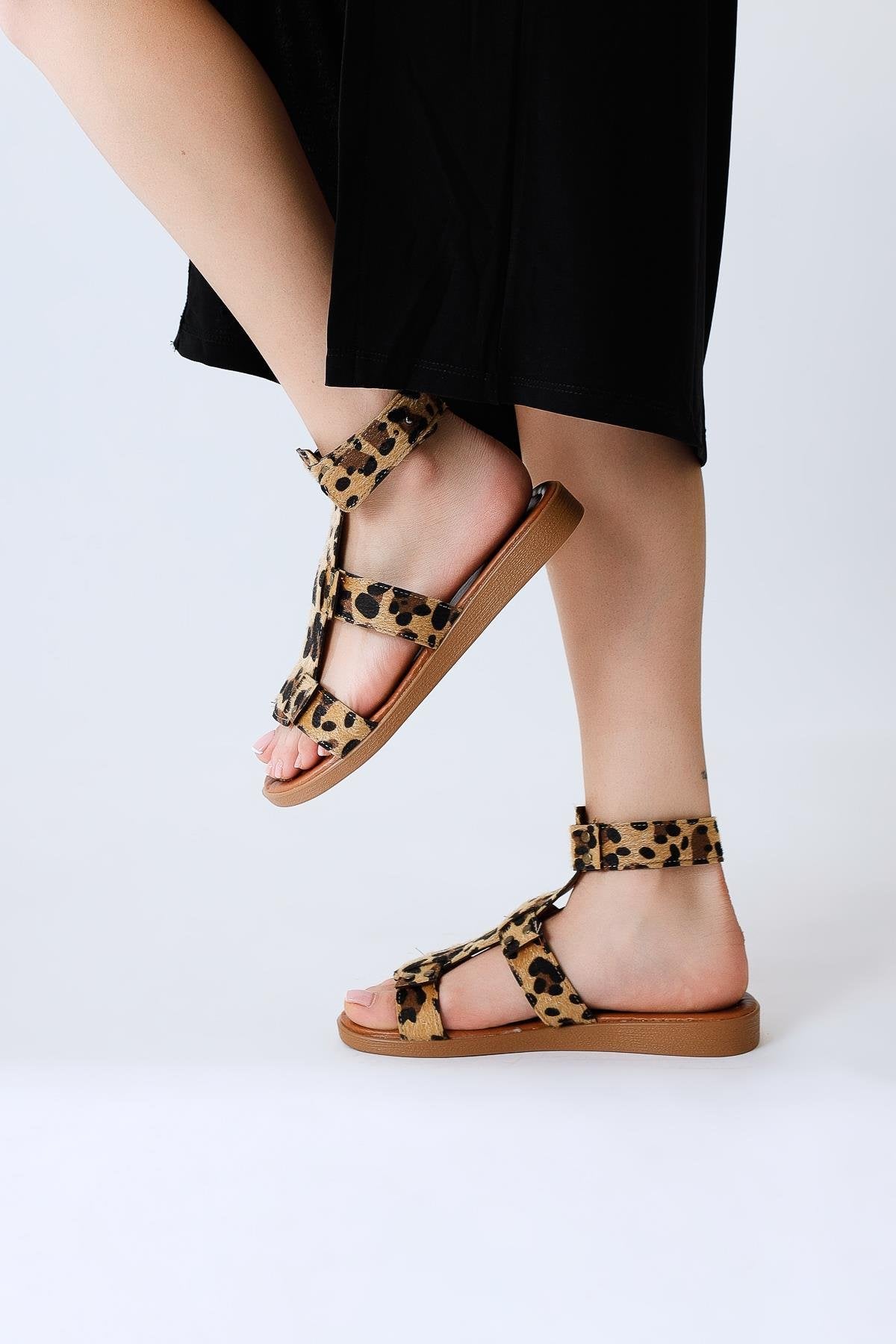 Rayen Genuine Leather Triple Strap Studded Belt Sandal