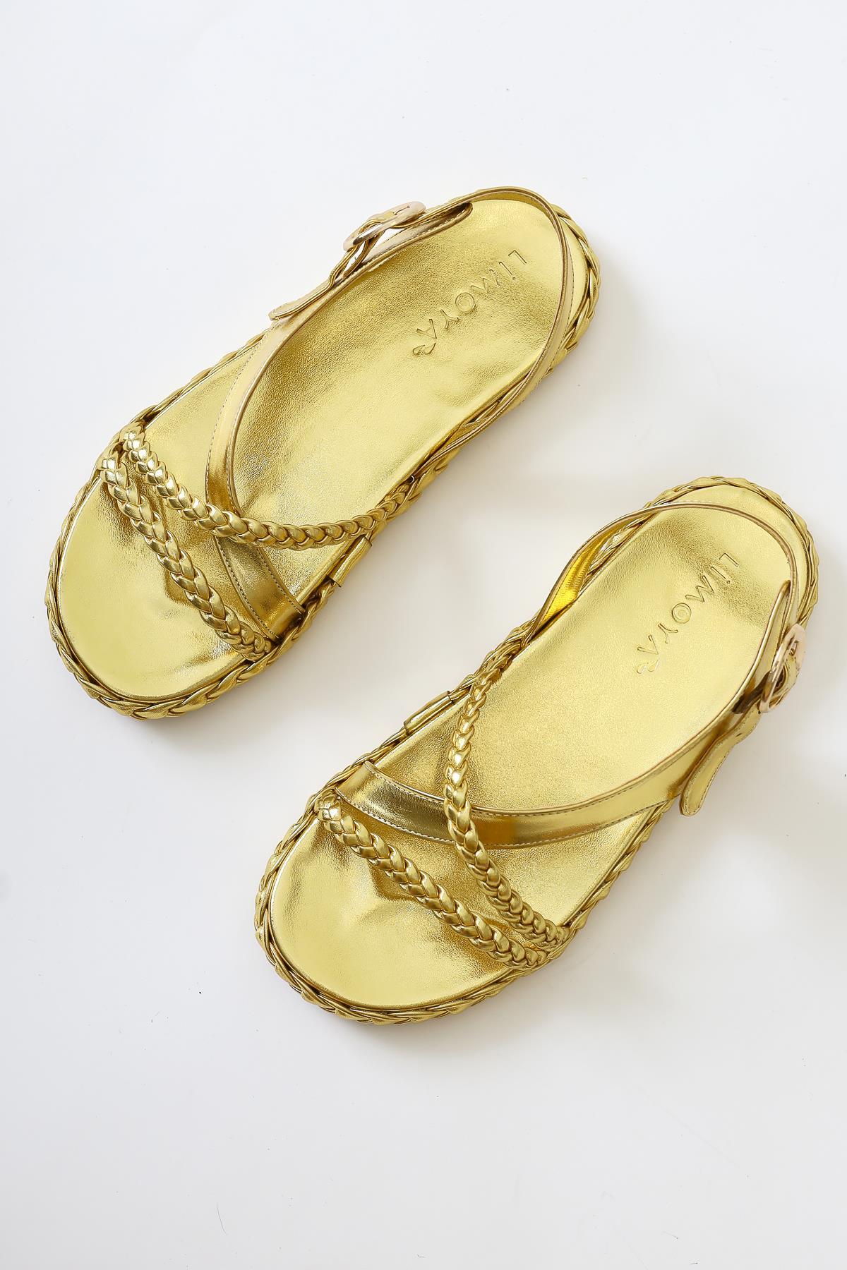Nera Gold Patent Woven Strap Sandals