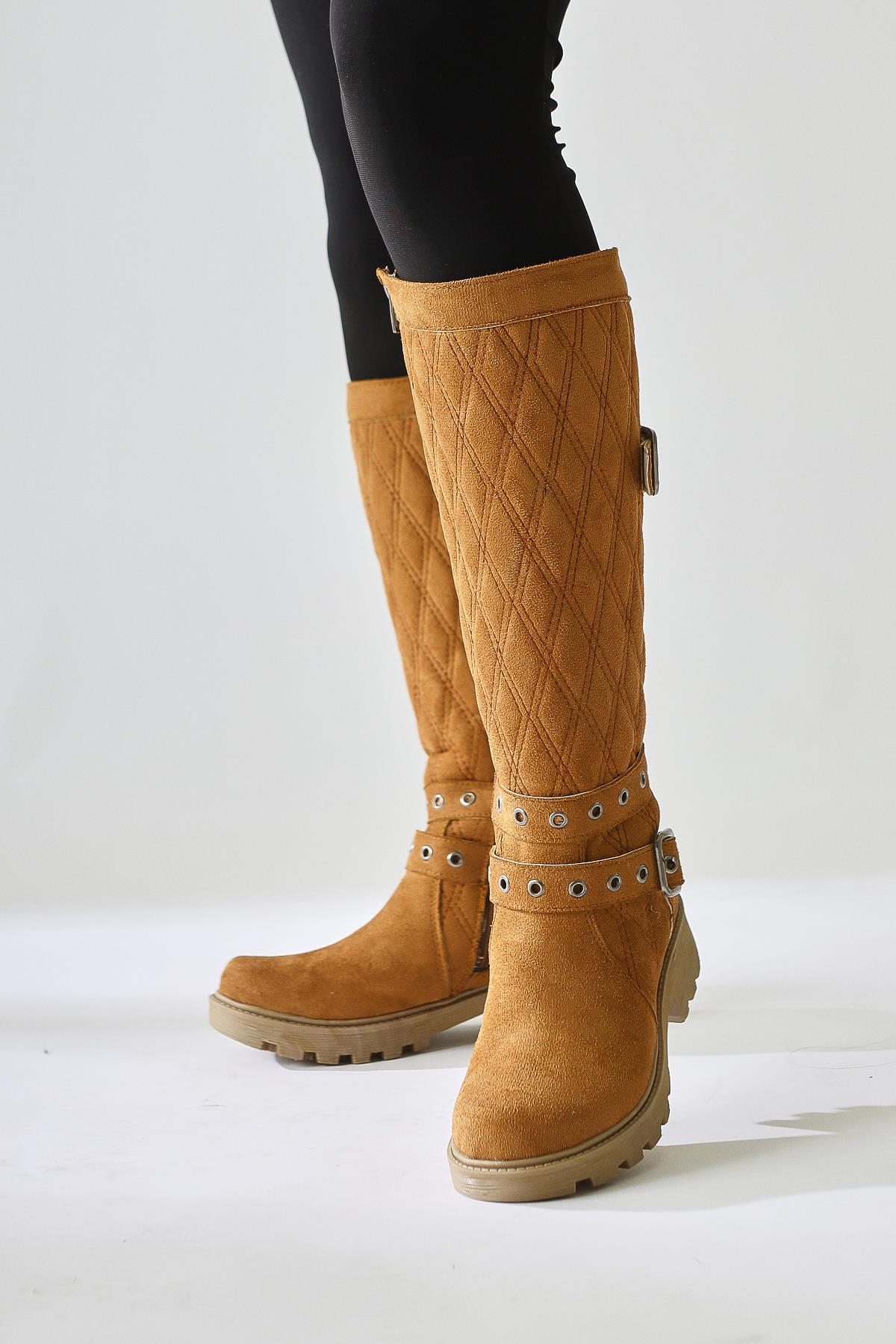 Carma Taba Suede Belt Detail Quilted Stitch Boot