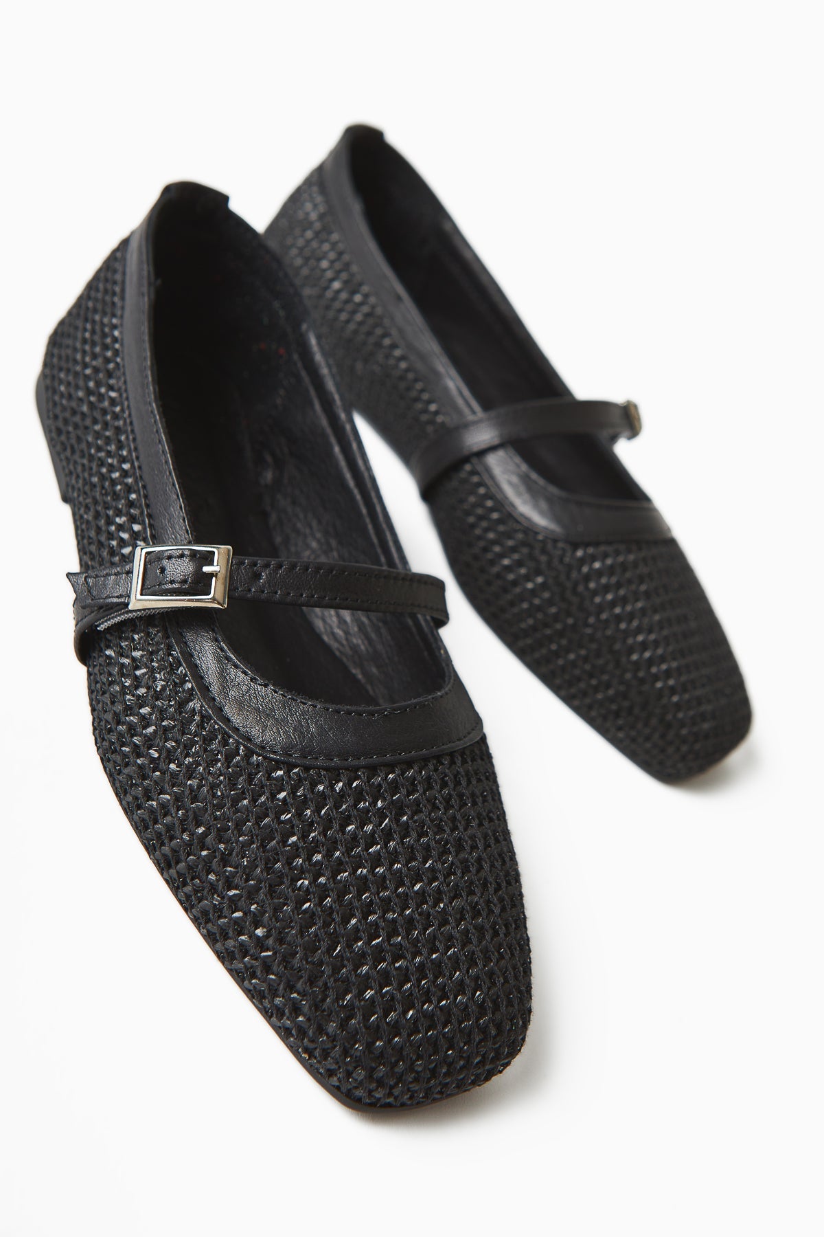Remza Black Women's Ballet Flat with Buckle, Comfortable Daily Shoe, Woven Texture