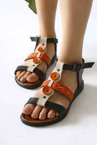 Hilana Genuine Leather Black Sandal with Stud and Stitch Detail