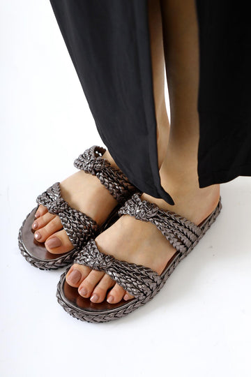 Nessa Platinum Patent Woven Strap Slippers