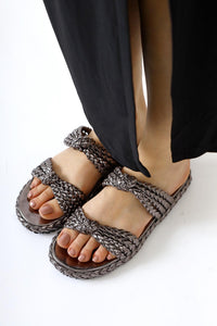 Nessa Platinum Patent Woven Strap Slippers