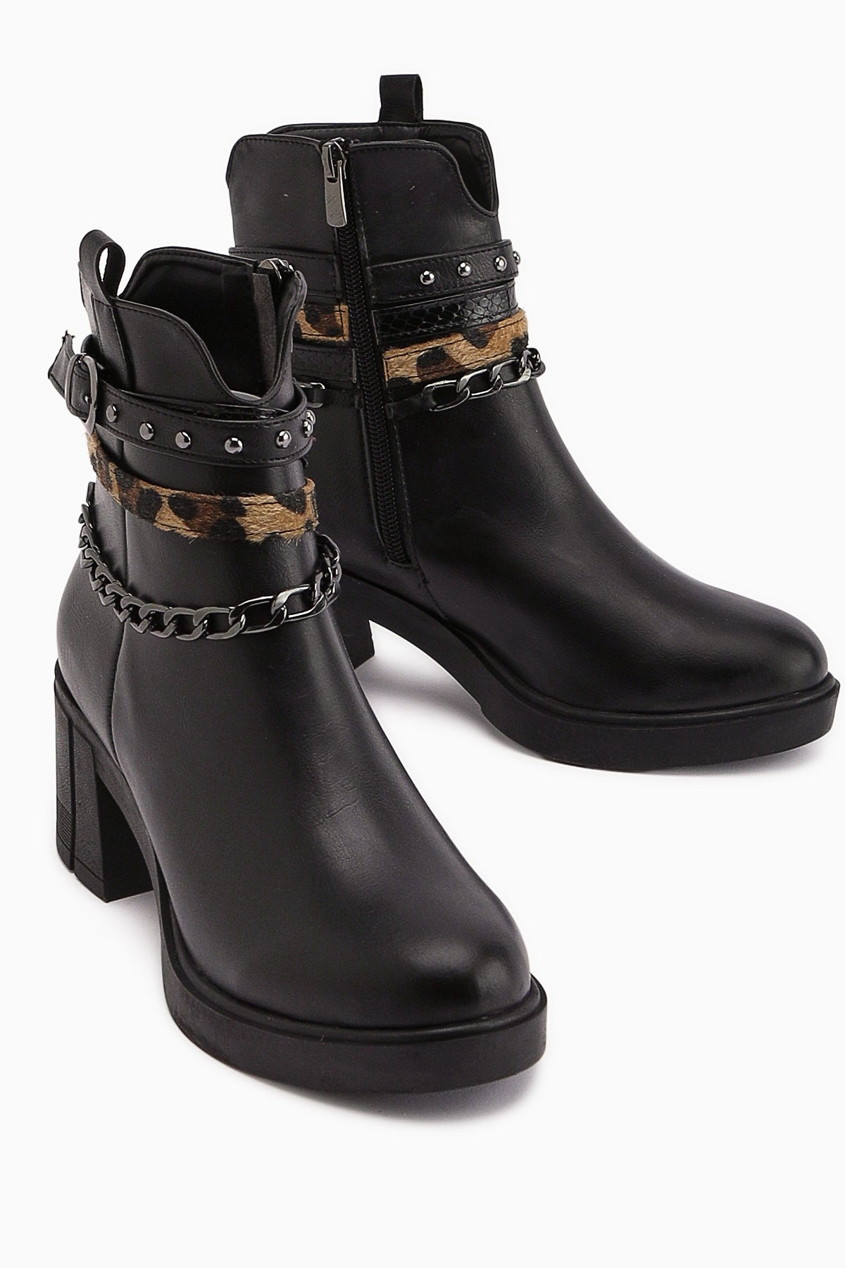 Anissa - Black Chain-and-Belt-Detail Block Heel Boot (Women)