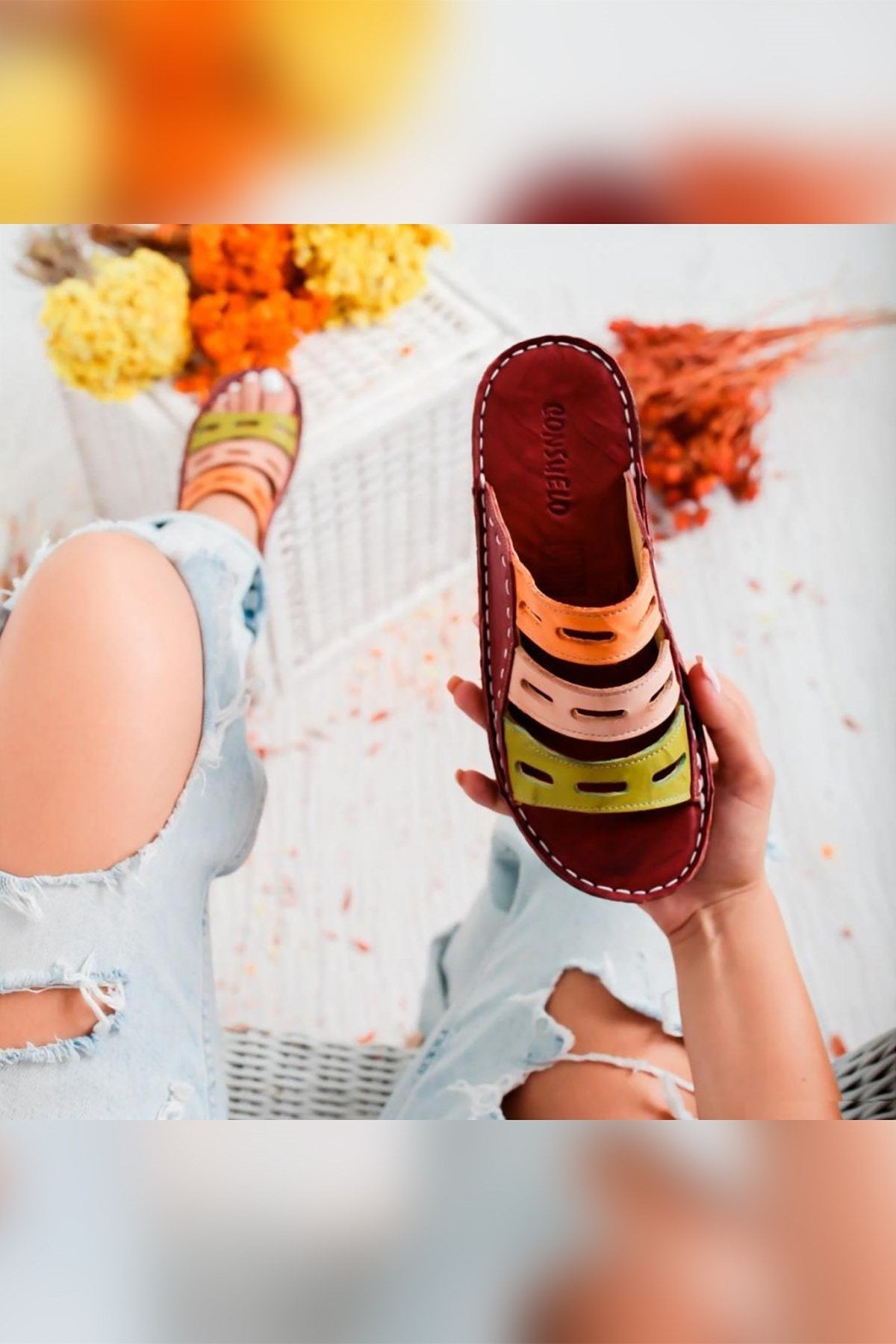 Joelle – Genuine Leather Burgundy Green Blush Orange Laser-Cut Slide