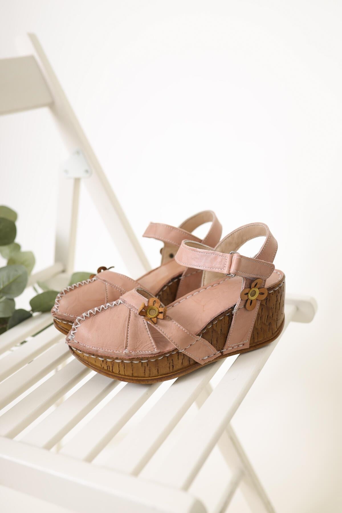 Katlyn – Genuine Leather Blush Floral-Detail Closed-Toe Wedge Sandal (Women)