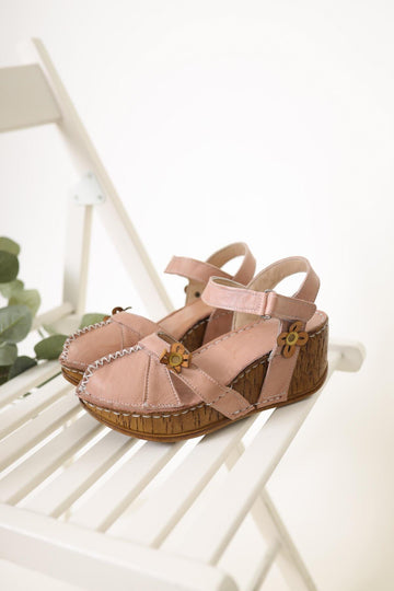 Katlyn – Genuine Leather Blush Floral-Detail Closed-Toe Wedge Sandal (Women)