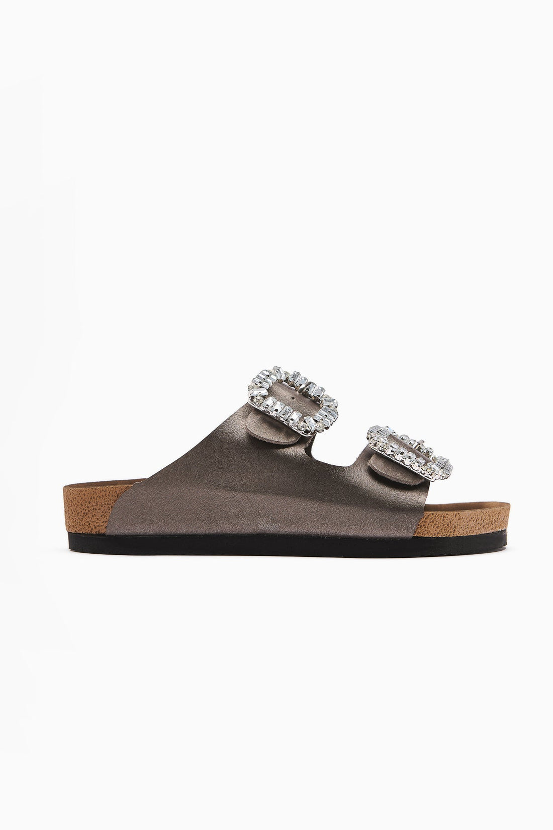 Brisa Platinum Double Strap Stone Buckle Detail Slipper