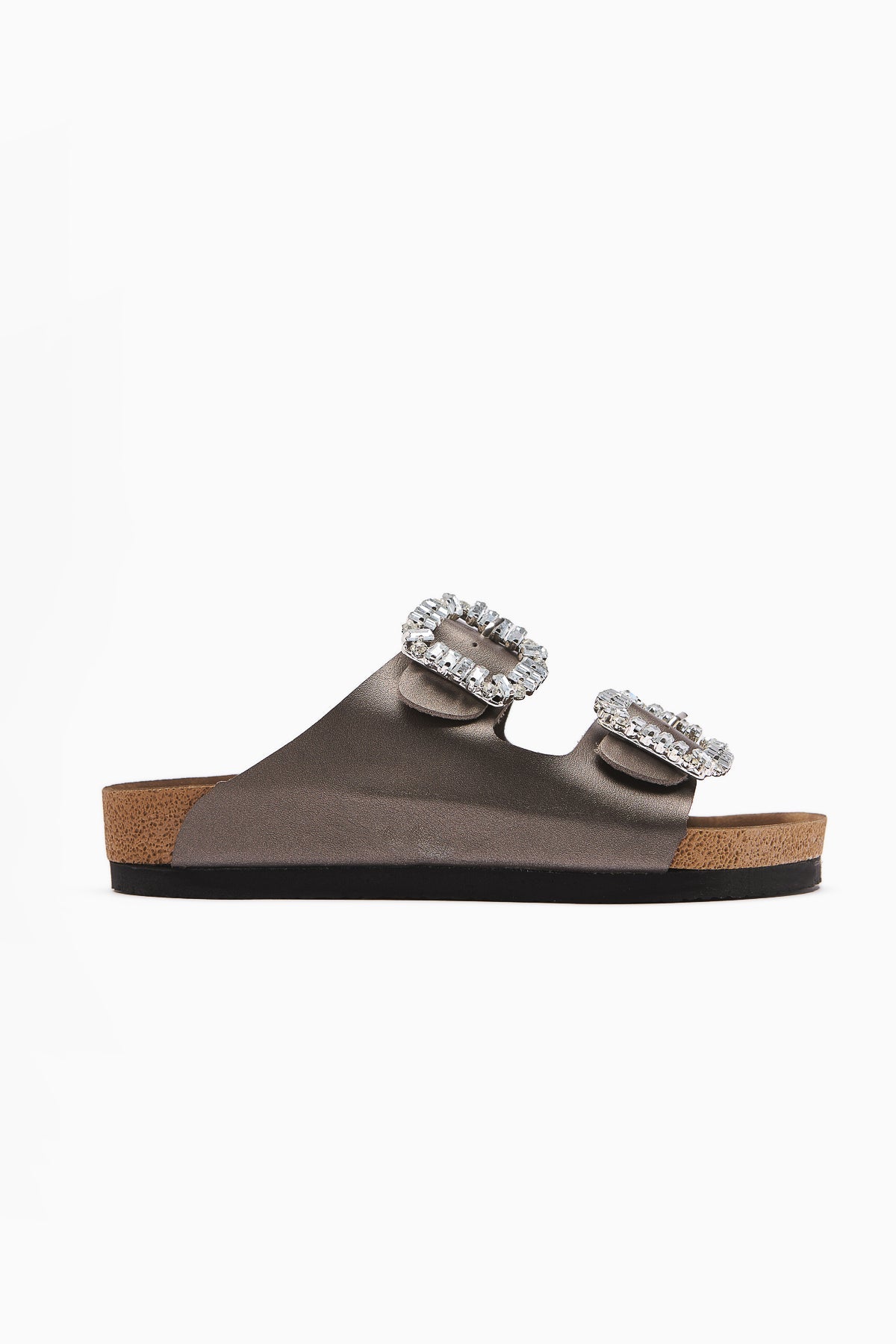 Brisa Platinum Double Strap Stone Buckle Detail Slipper