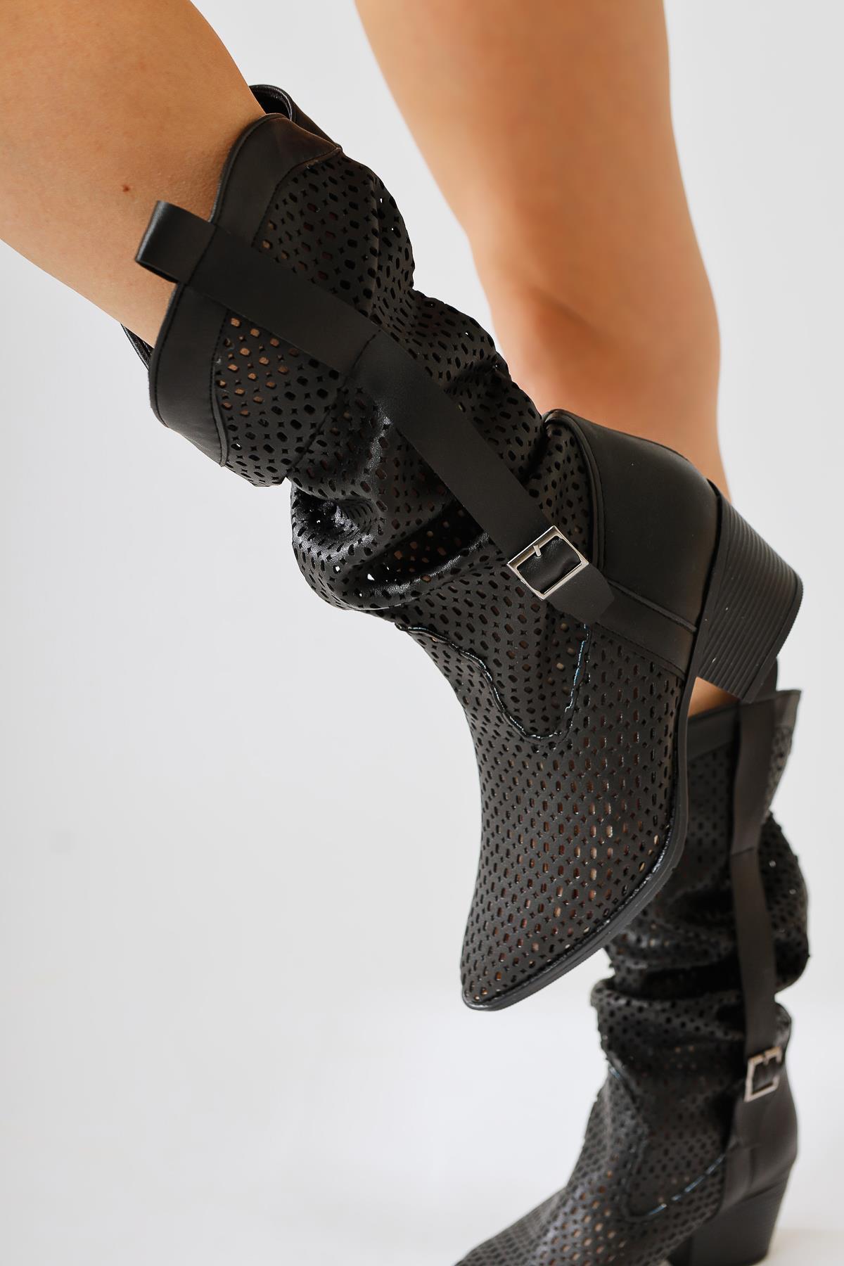 Orietta Black Laser Cut Pleated Summer Boots