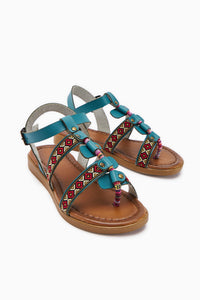 Genuine Leather Heam Turquoise Ethnic Patterned Women’s Sandal