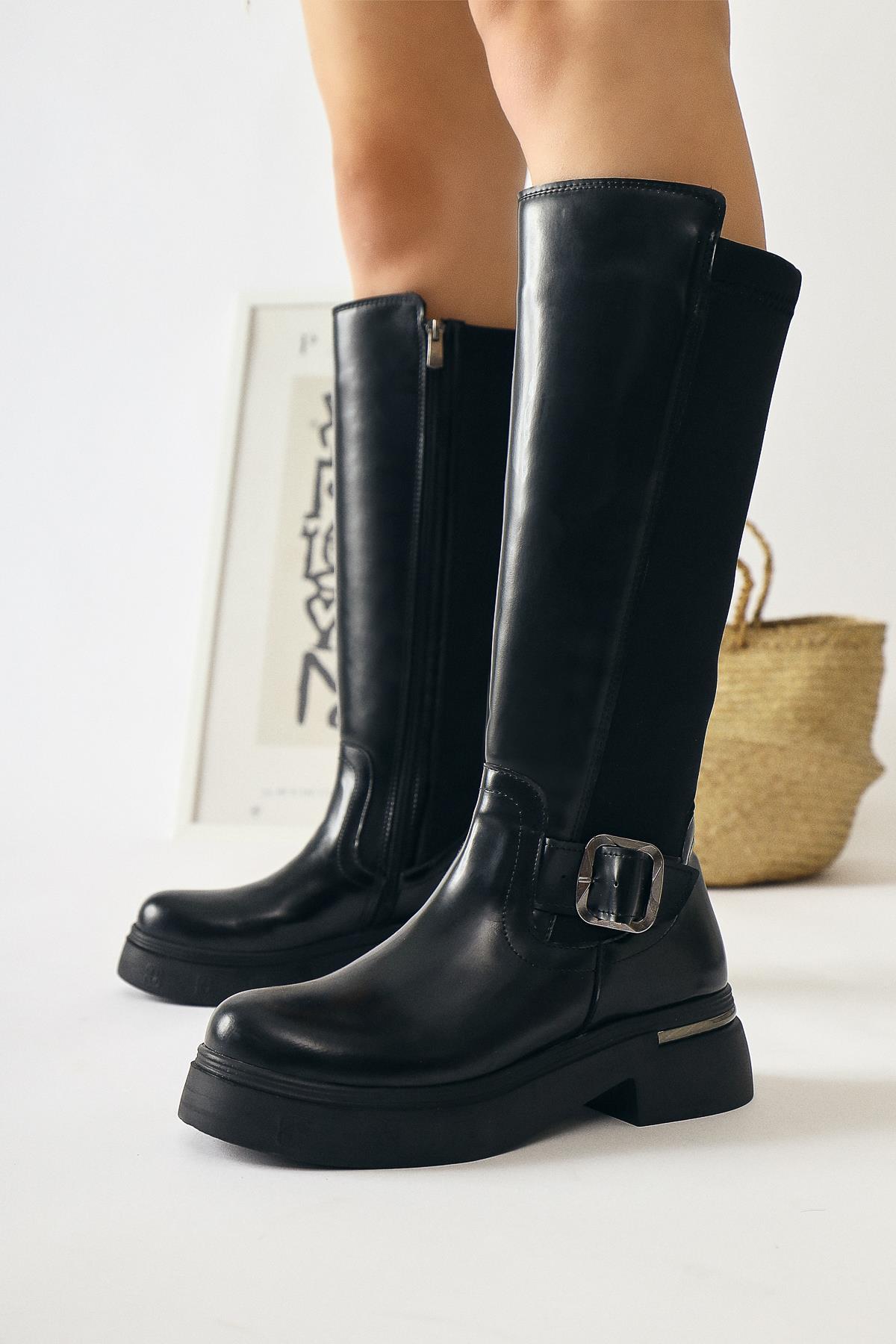 Faria Black Patent Leather Chunky Heeled Boots with Scuba Fabric and Buckle Details