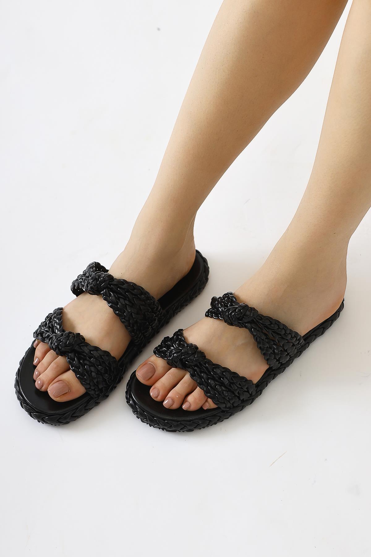 Nessa Black Patent Leather Woven Strap Slippers
