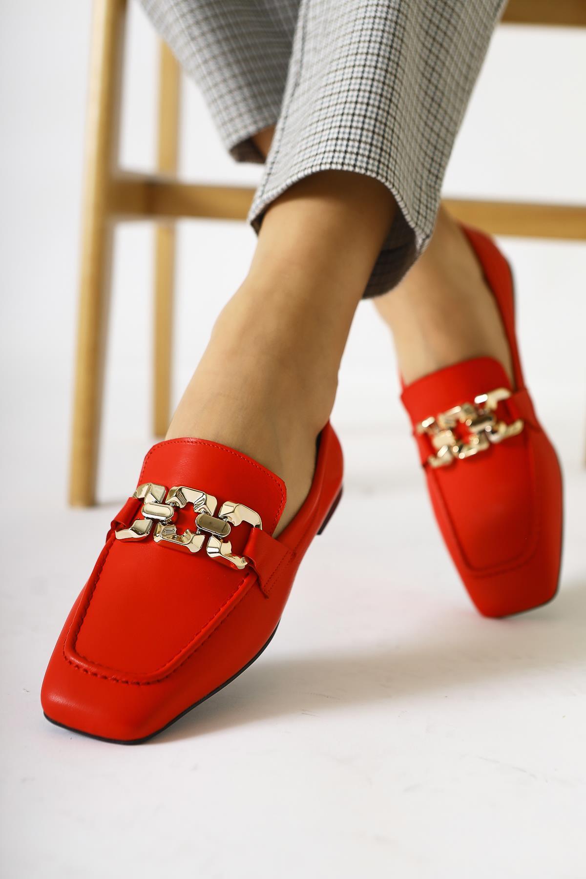 Asmin Genuine Leather – Red Buckle-Detail Round-Toe Casual Shoe (Women)